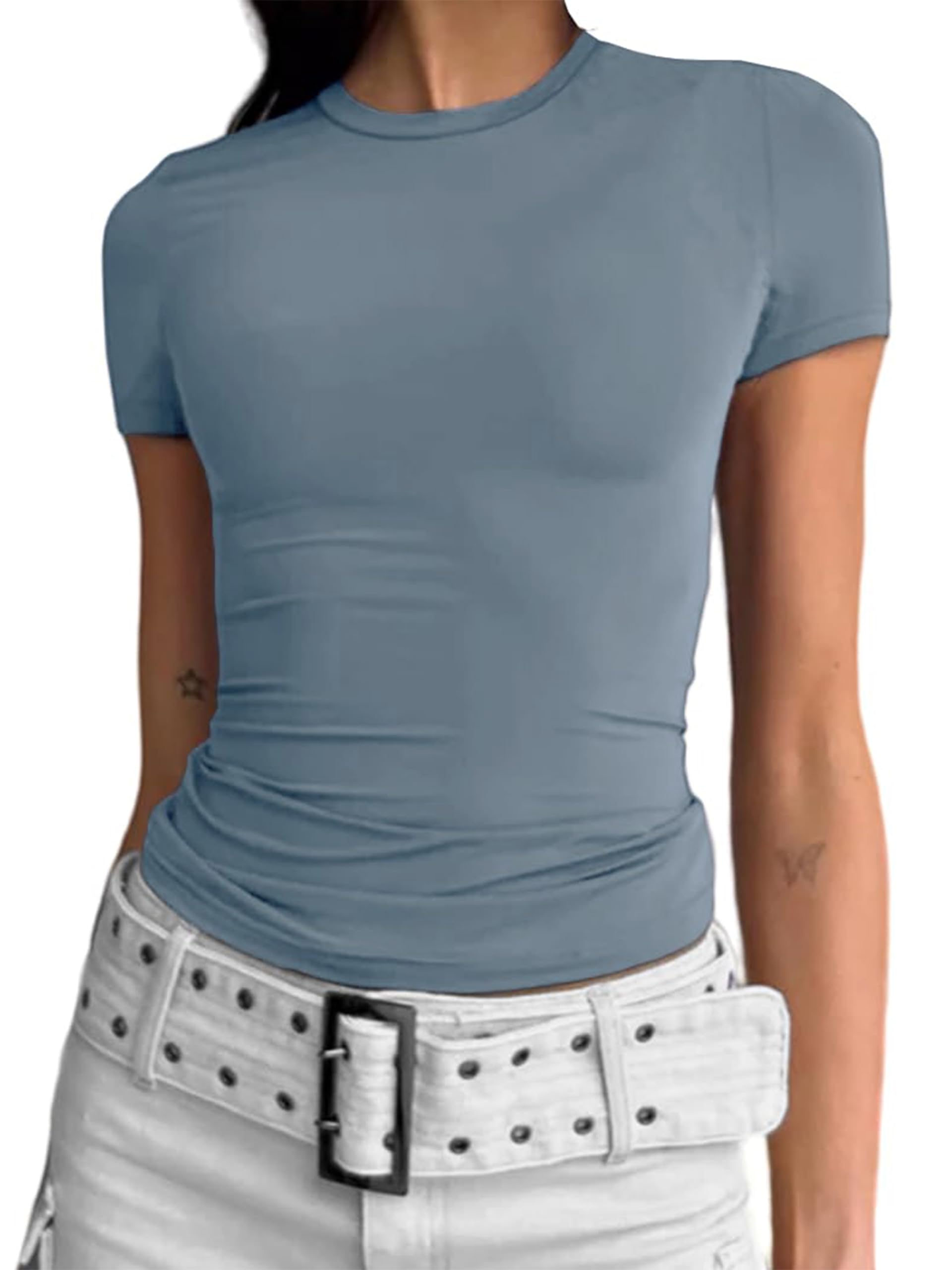 TimuspoWomen's Skims Dupe Crop Y2K Top Basic Crew Neck Going Out Slim Fit T Shirt for Teen Girls Aesthetic Streetwear