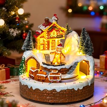 ZQQLITE Animated Collection Figurines Musical Christmas Gingerbread Candy Village Houses with Rotating Train, Lighted Christmas Collection Figurines for Home Tabletop Decorations Ornaments Gifts