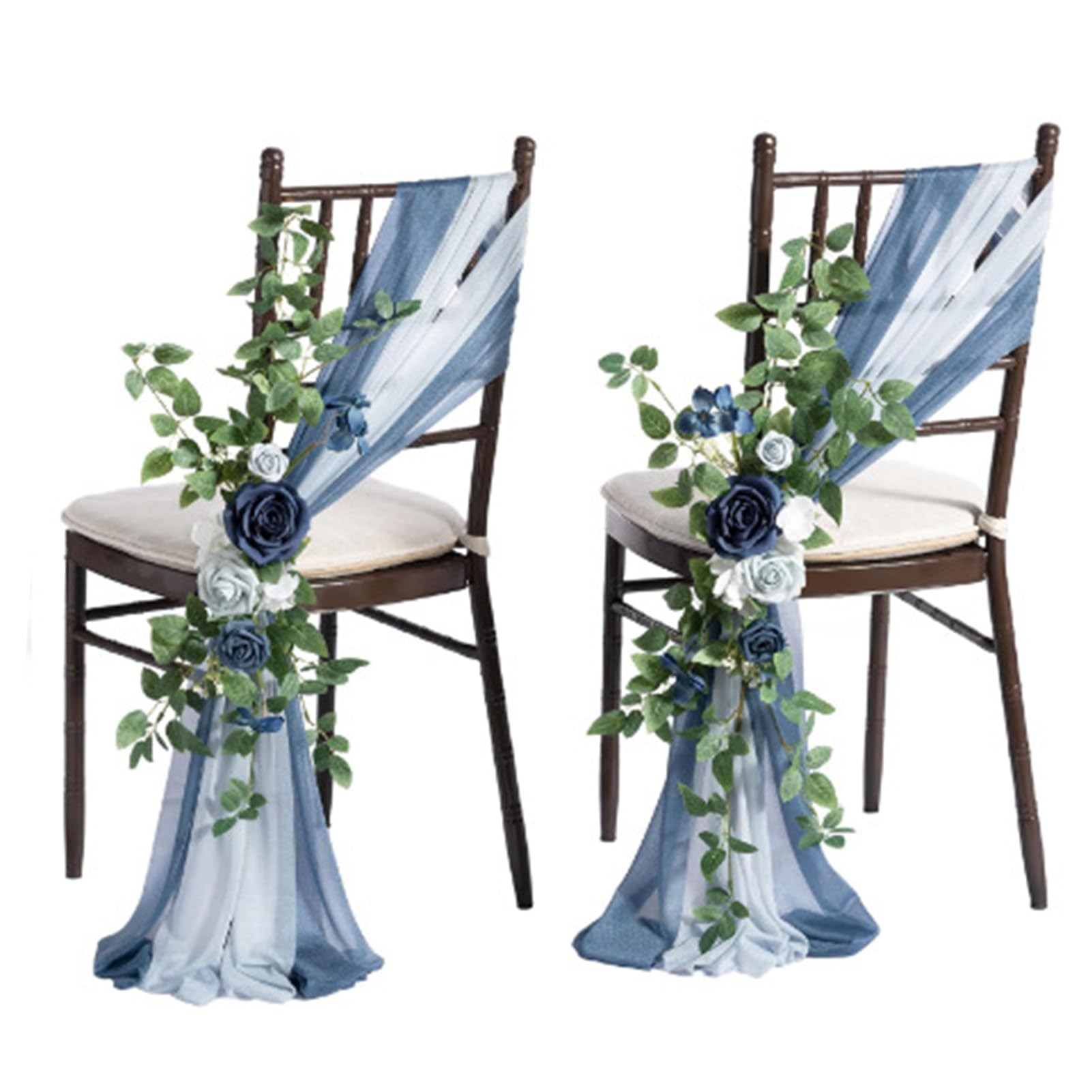 2PCS Wedding Chair Decorations, Aisle Pew Artificial Flowers with Hanging Chiffon Fabric, Church Chair Bench Pew Flowers for Ceremony Reception Floral Fake Backdrop Rose Arrangement Party Decor(Blue)