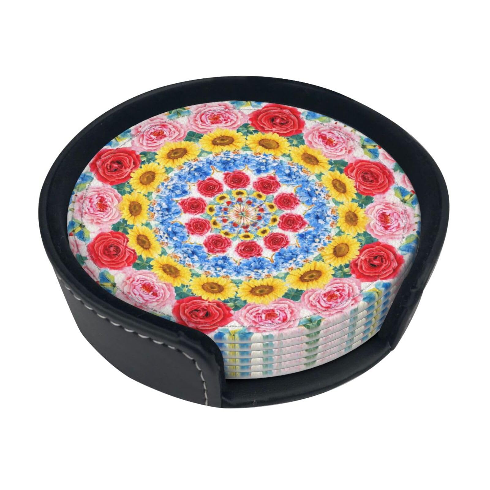 Flower Kaleidoscope Leather Coasters-Set of 6 with Storage Holder