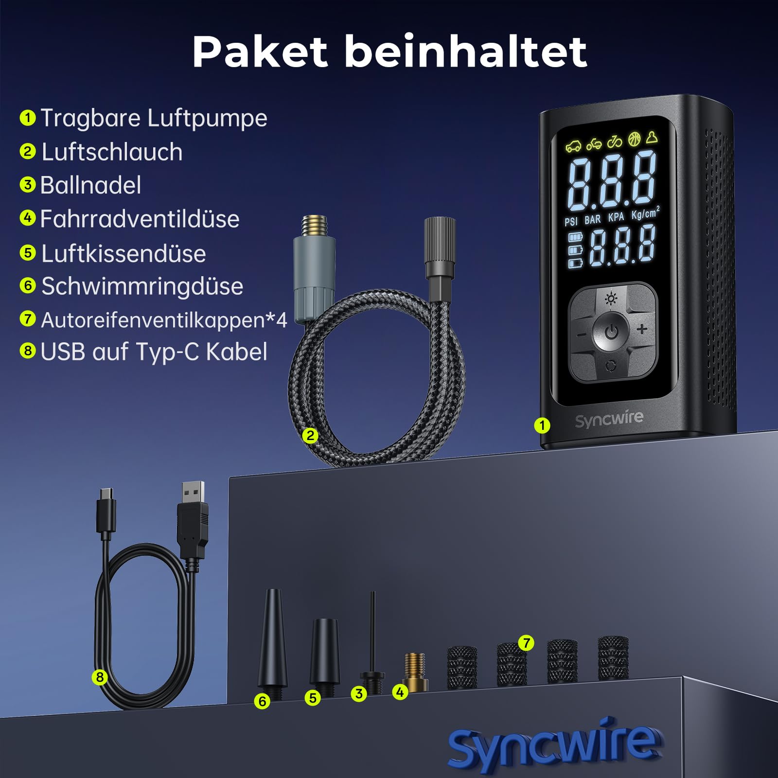 Syncwire Tragbarer Luftkompressor Mini Reifenpumpe - 10.35Bar Schnellere Elektrische Luftpumpe Autoreifenpumpe Car Inflator für Auto, Motorrad, Fahrrad & Bälle, mit Ventilkappen für Reifen, Großes LCD