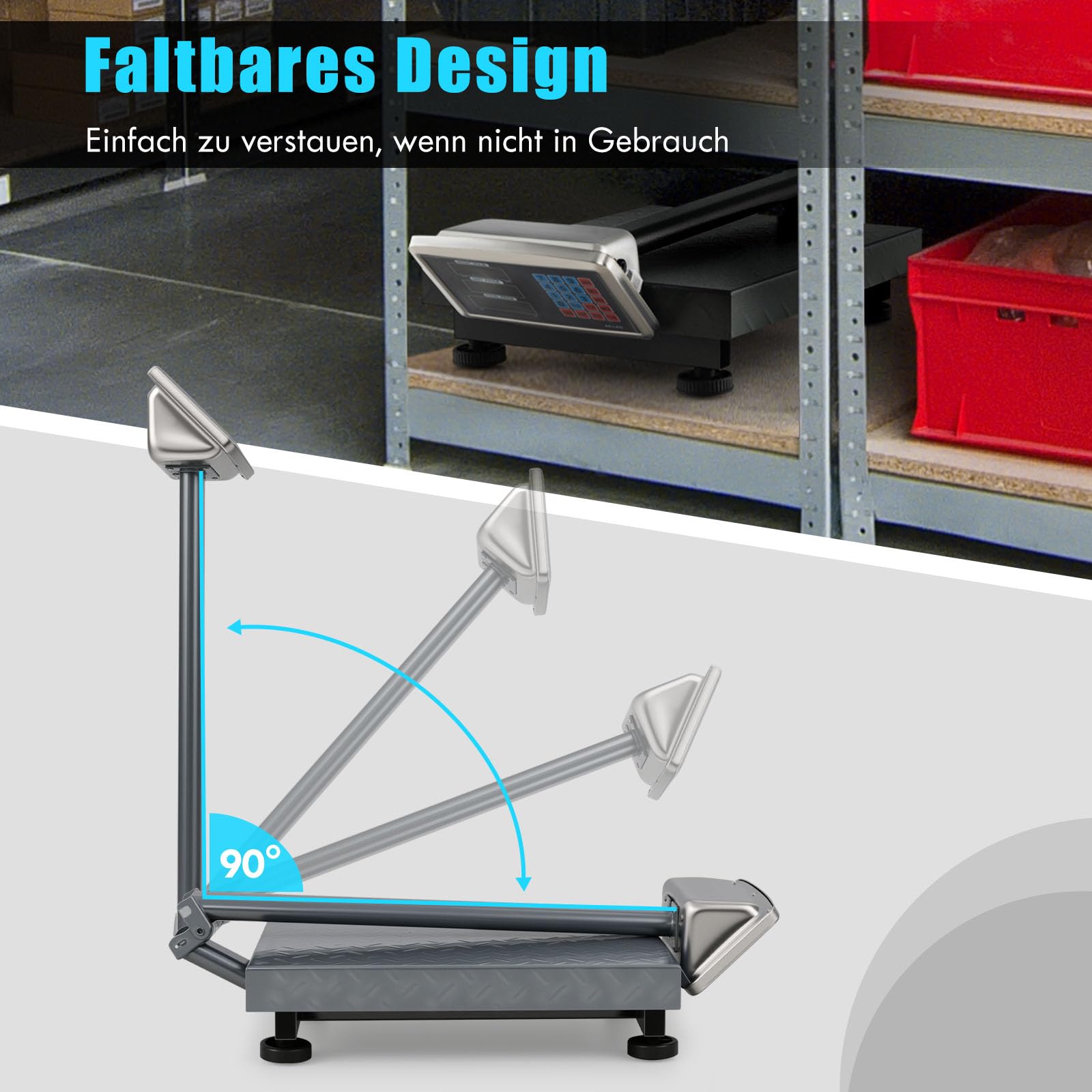 GOPLUS Digitale Plattformwaage 300kg/50g, Paketwaage mit klappbares Display & verstellbare Füße - Fläche 40 x 50 cm, 3 Speicherplätze, Ladenwaage Industriewaage für Lager/Gepäck (Silbern)