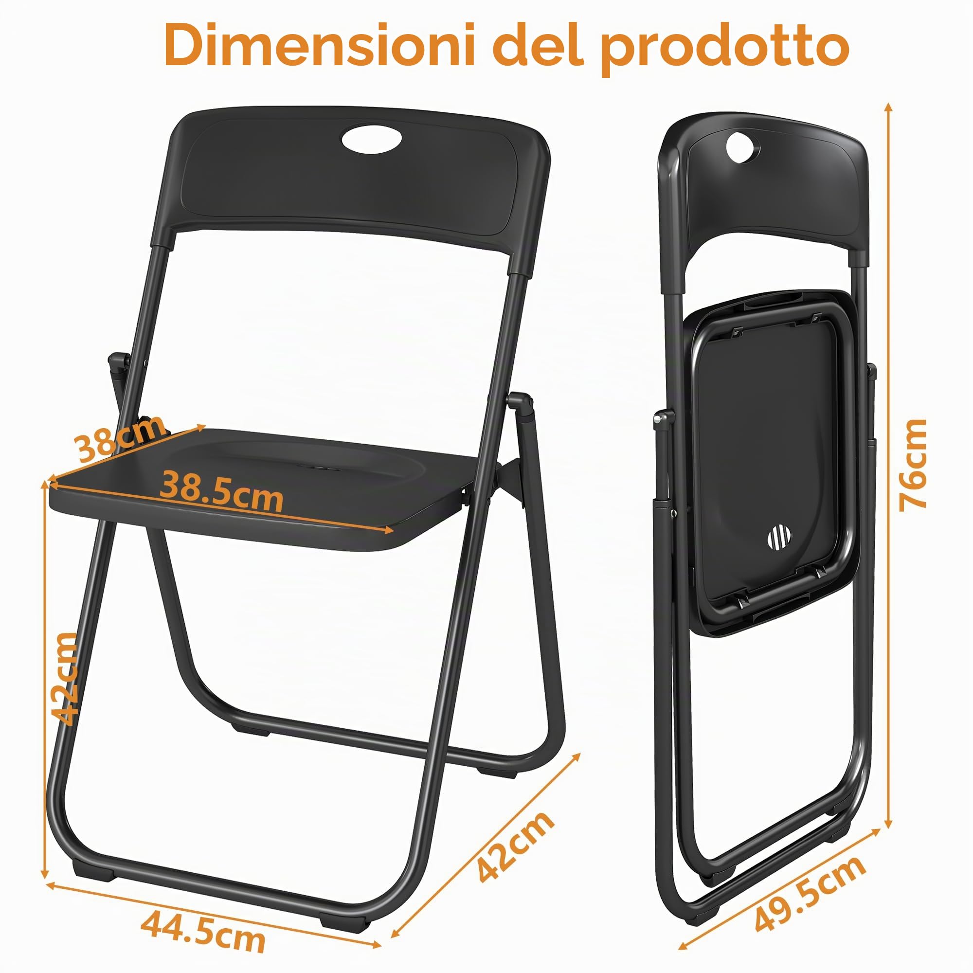 Sedie Pieghevoli di Plastica con Robusto Telaio in Acciaio, Portata Fino a 160 kg, Sedia Pieghevole per Soggiorno, Esterno, Campeggio, Balcone, Cucina, Ufficio, Set di 6, Nero