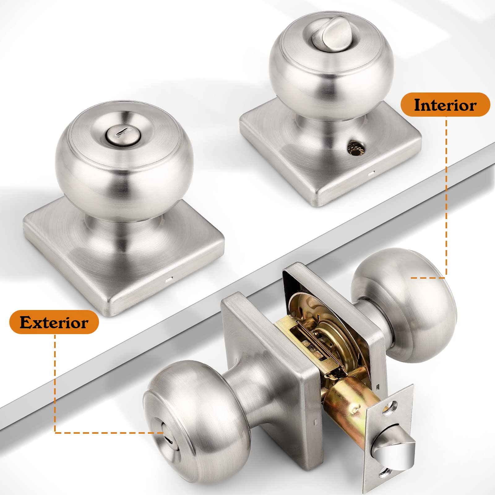 Probrico Pomos cuadrados de níquel cepillado, pomos de puerta de privacidad para dormitorio y baño, manijas de puerta interiores de acero inoxidable, pomos de puerta modernos con roseta cuadrada,