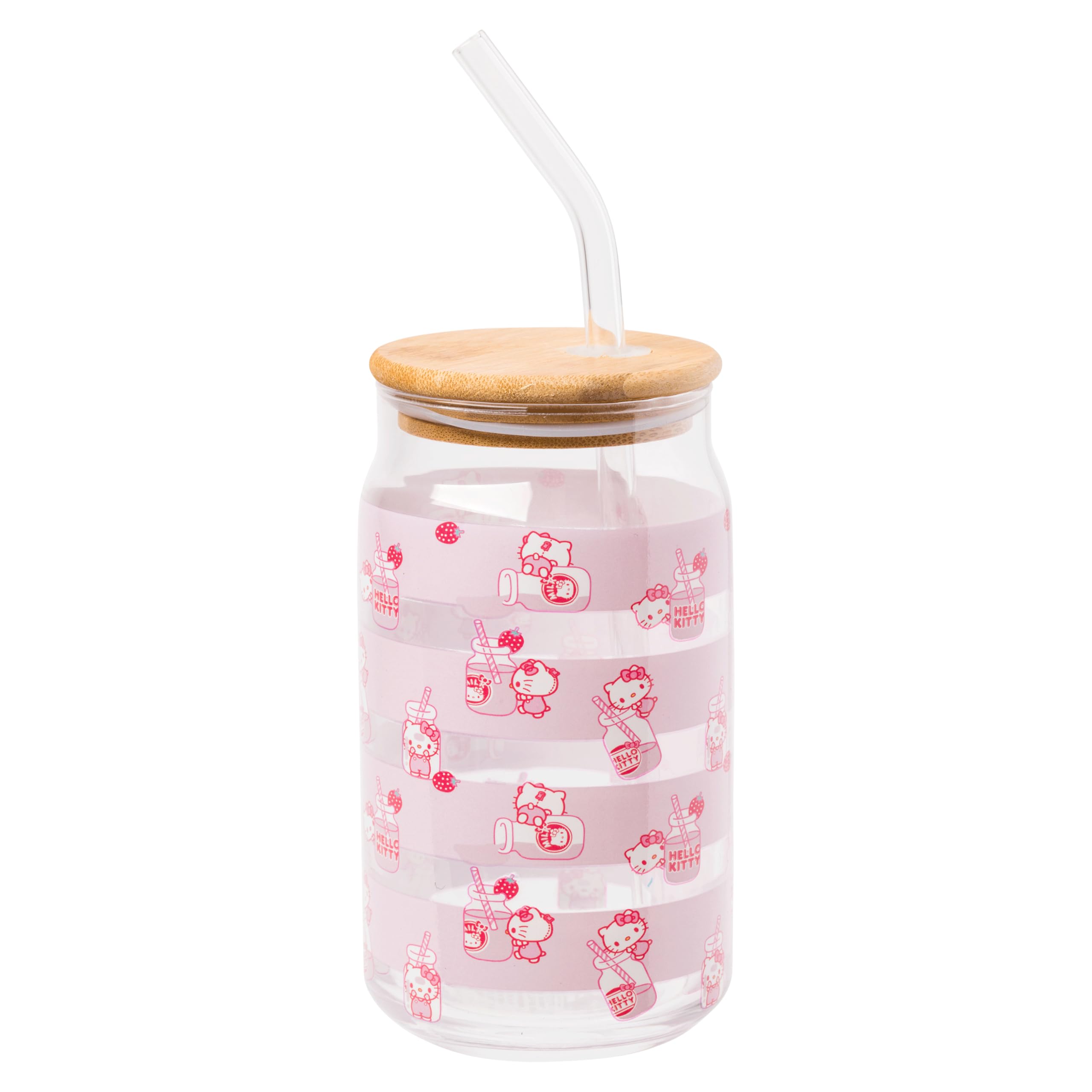 Silver Buffalo Sanrio Hello Kitty Strawberry Milk Pink Glass Jar Tumbler with Bamboo Lid and Glass Straw, 16 Ounces