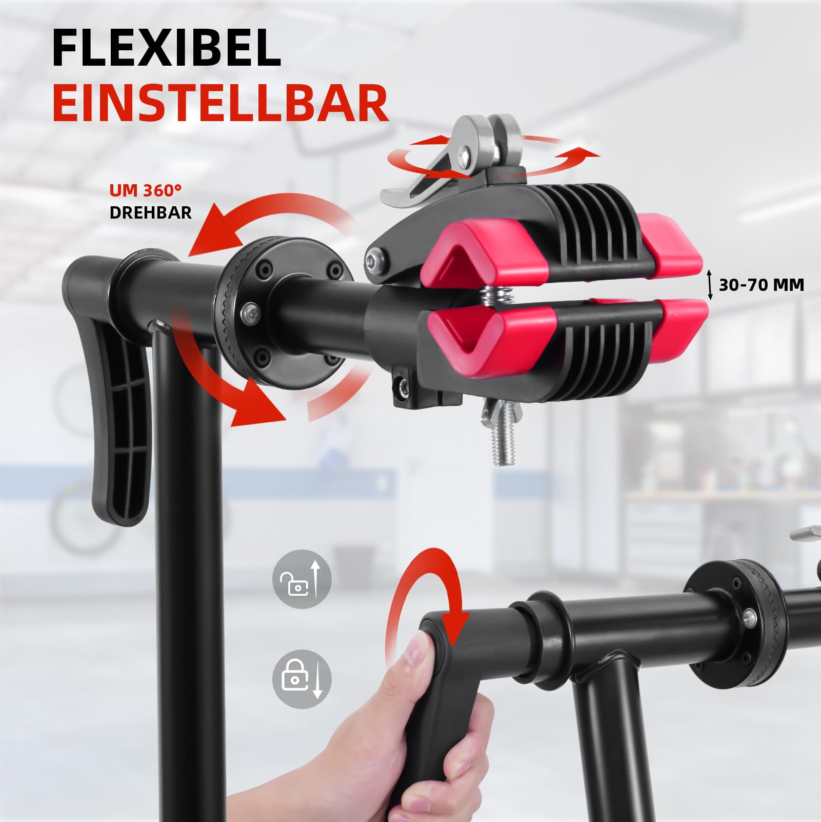 Fahrradmontageständer, Höhenverstellbar Fahrrad Reparaturständer mit Werkzeugablage bis 50kg, Klappbar 360° Drehbar Profi Reparaturständer für E-Bike Mountainbikes - Schwarz