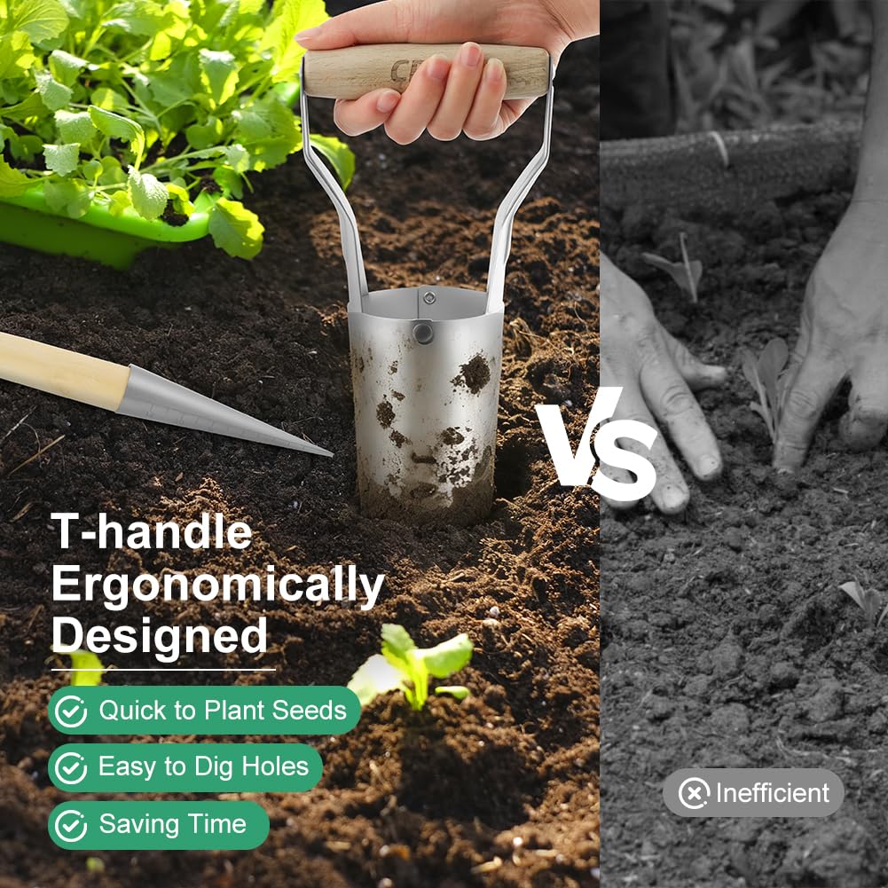 Outil de Perforation de Jardin, Plantoir à Bulbes avec Pointe en Fer Chromé et Manche en Bois Solide, Outil de Jardinage avec Graduation et Manche en Bois, Perforatrice + Repiqueuse de Semis