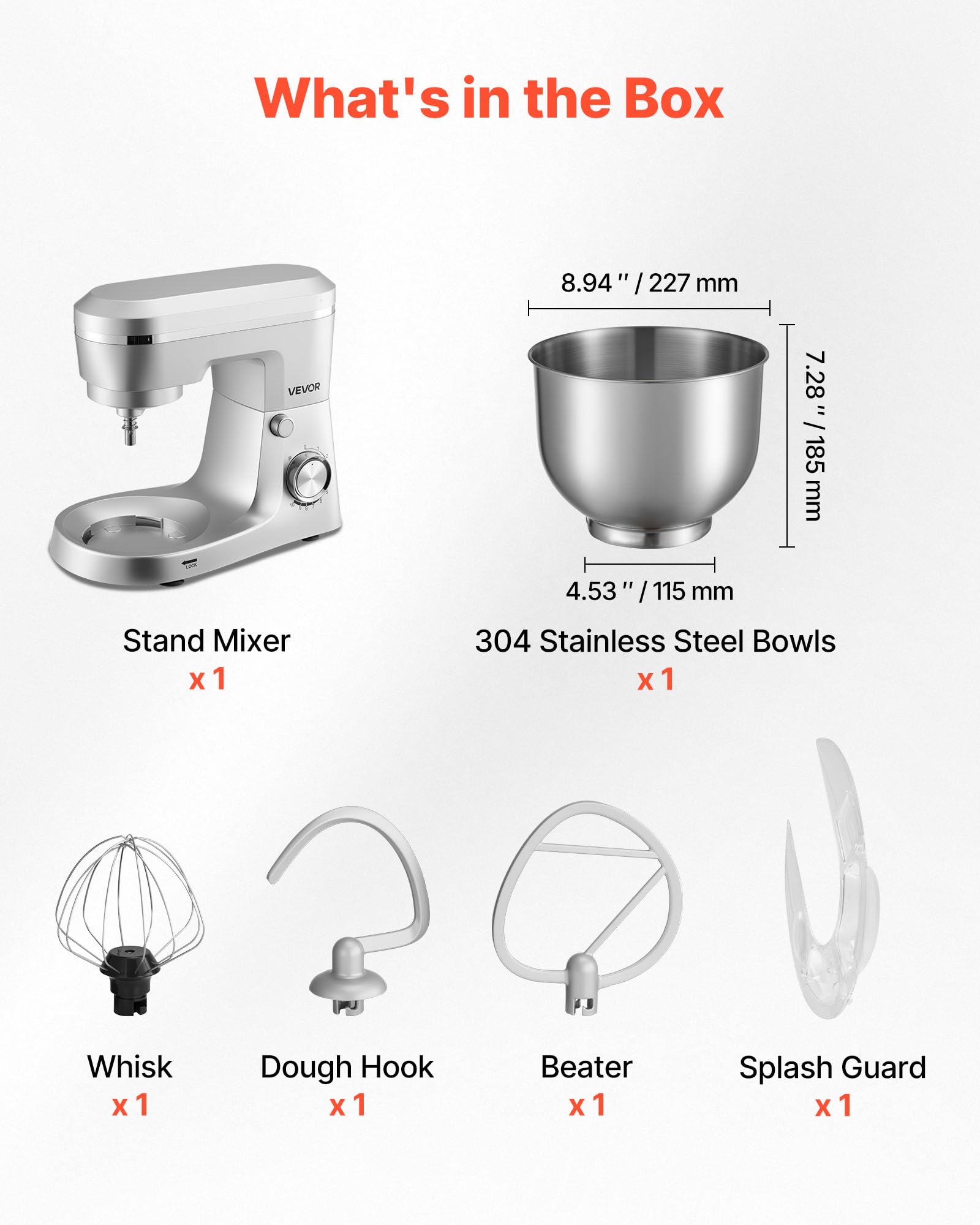VEVOR Robot Pâtissier 5,7 L, Batteur sur Socle 1500 W, Mixeur à Pâte 10 Vitesses, Tête Inclinable, Bol en Inox, avec Crochet Pétrisseur, Fouet et Batteur, pour Mélange, Fouettage et Pétrissage
