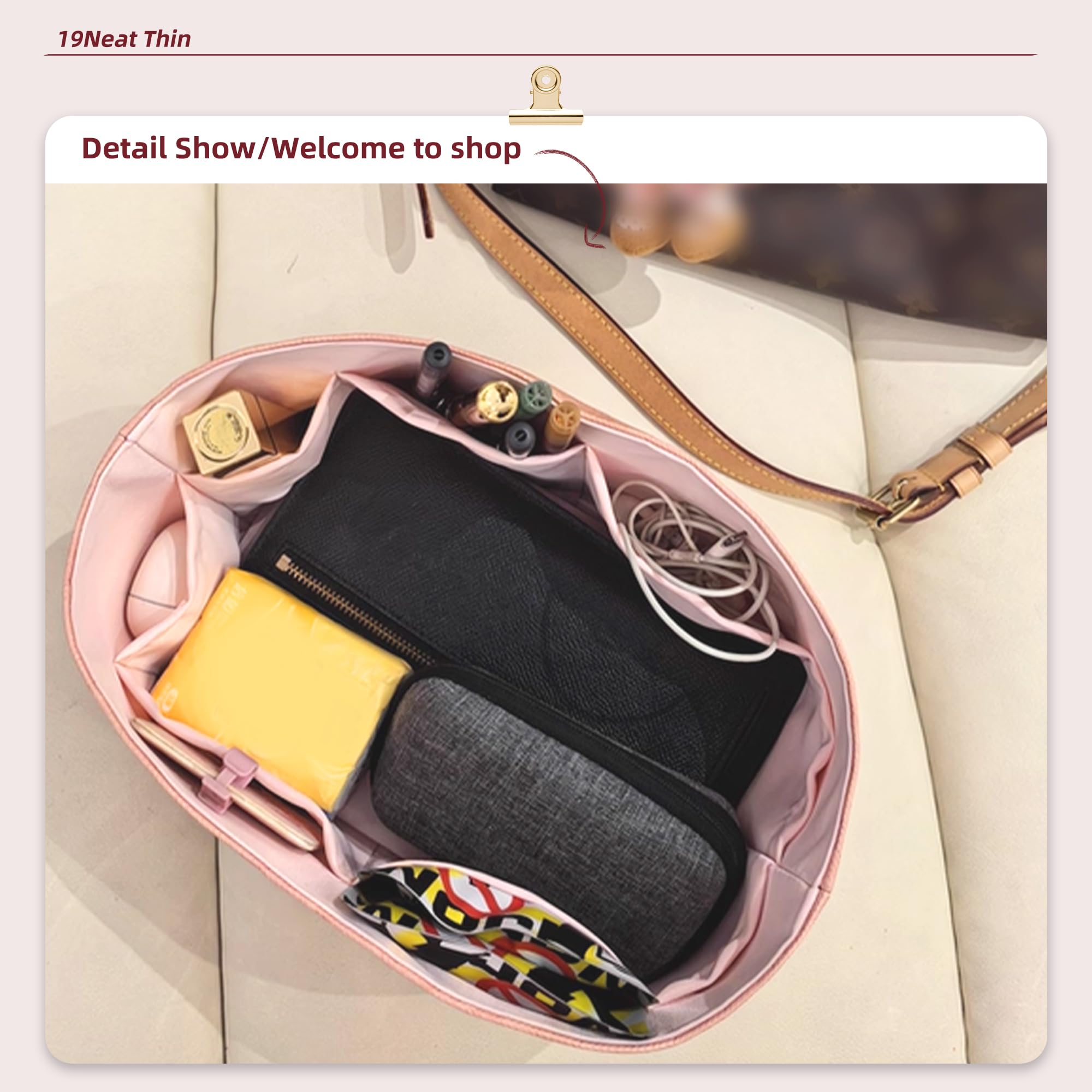 19Neat Thin Speedy - 25 organizer per borsa, leggero, compatibile con LV Speedy 25, superficie in carta Dupontpaper impermeabile e fodera in raso setoso (Speedy 25, rosa)