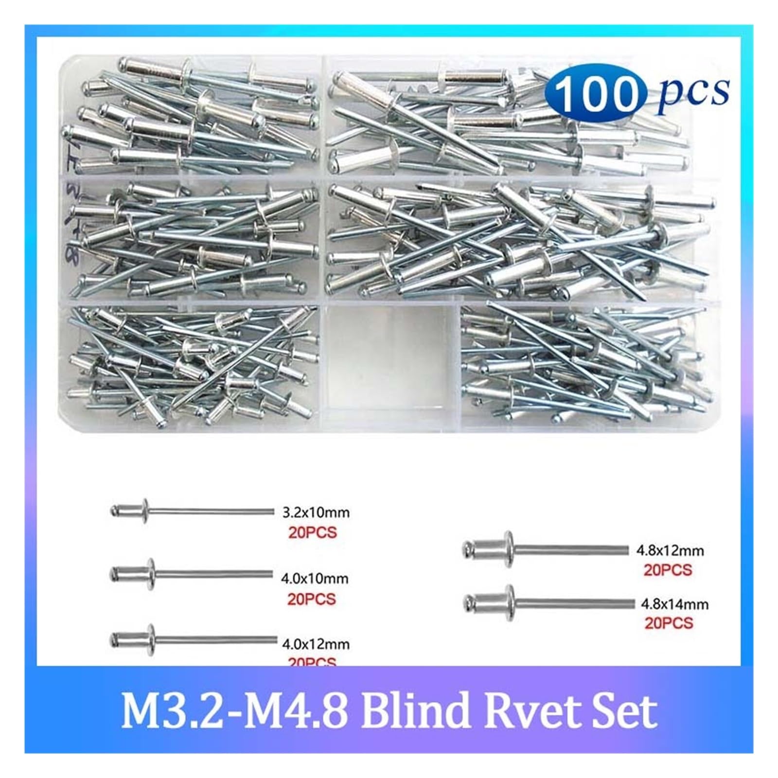Remache ciego de aluminio M3.2M4M4.8, decoración, juego de clavos con remaches for muebles, Kit surtido de cabeza redonda, remache ciego hueco Pop, 100 Uds.