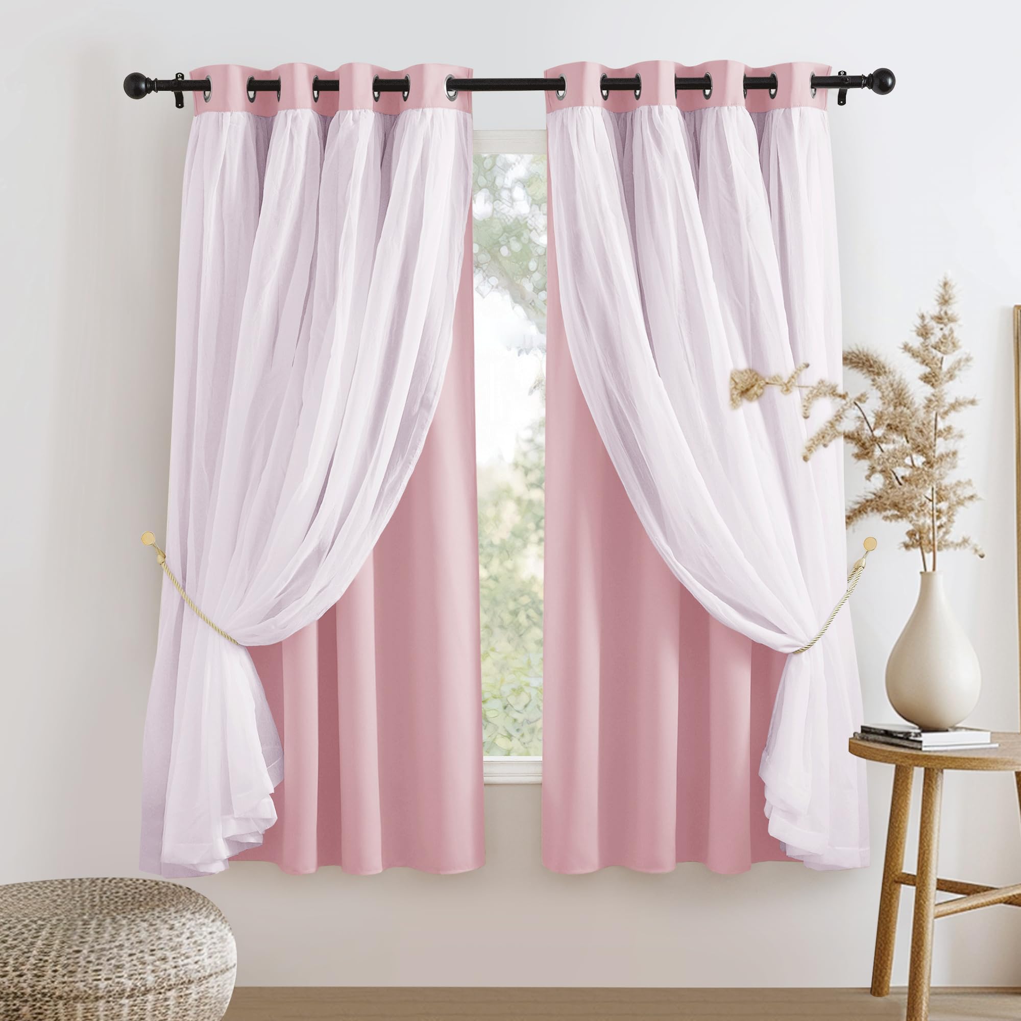 PONY DANCE Short Pink Curtains, 52 W x 63 L, Light Pink, 2 PCs