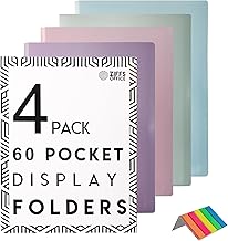 4 x 60 Pocket A4 Display Folders - Pastel Coloured with Plastic Pockets - A4 Folder - Display Book - Presentation Folders - 250 Sticky Labels Included - British Brand