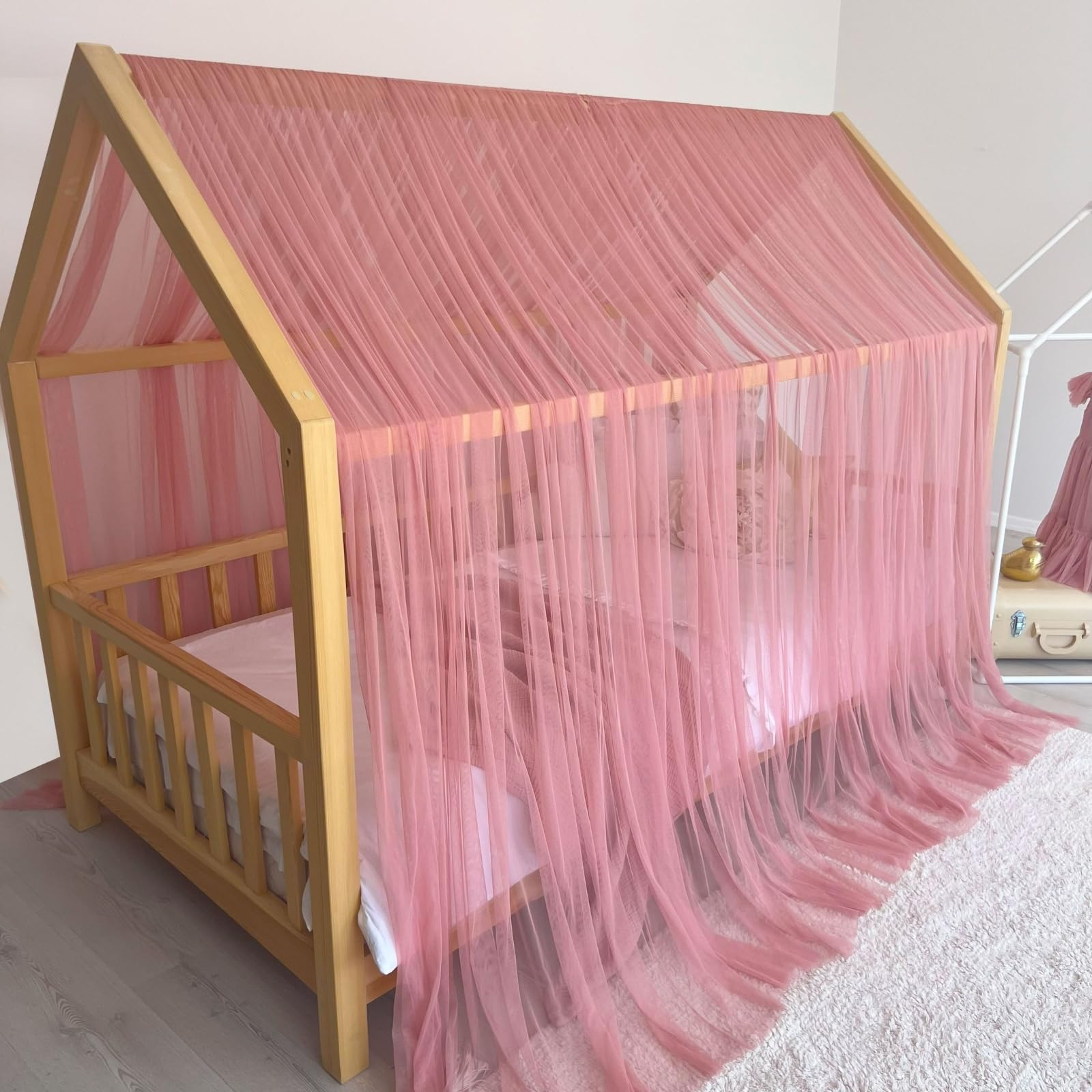 Tenda a baldacchino per letto della cameretta dei bambini, decorazione per letto montessori, tenda da gioco in morbido tulle per bambini (blu, 340 cm, set da 4)