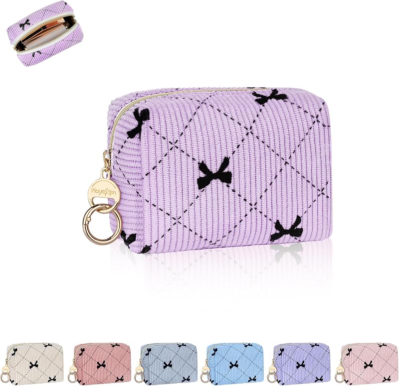 Necessaire pequena de maquiagem em veludo cotelê Playexen, roxa com laço