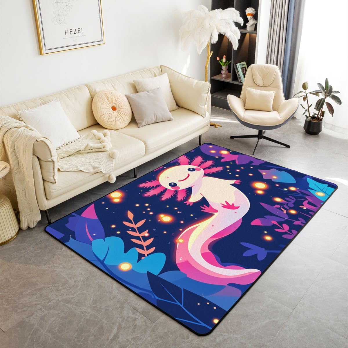 jejeloiu Cute Axolotl Area Rug 3x5 Polyester Rainbow Donut Living Room Rugs for Bedroom Cartoon Animal Decor Carpet Glitter Galaxy Indoor Floor Mat Soft Non-Slip