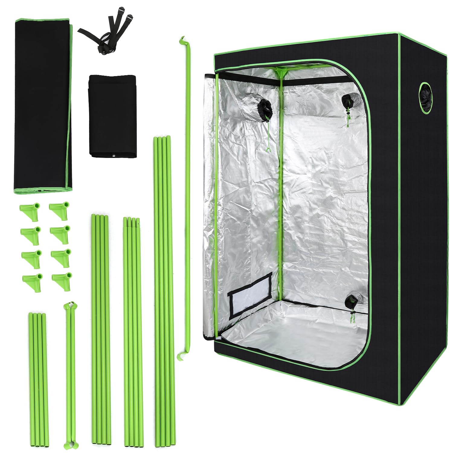 Growzelt 120 * 60 * 180cm Growschrank Lichtdicht und Wasserdicht Homegrowing Gewächshaus für Pflanzen Reflektierende Mylar Zuchtzelte mit Belüftung Growbox Schwarz-Grün