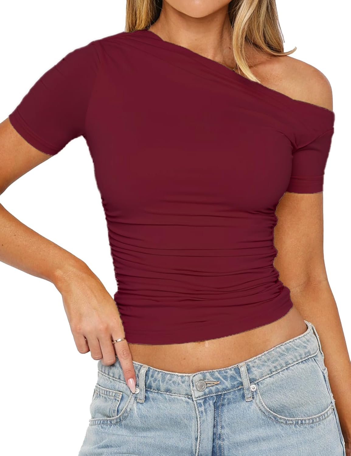 ForeFair Womens Short Sleeve Off Shoulder Tops Going Out Crop Top Slim Fitted Shirts Summer Outfits Y2K Cute Tops