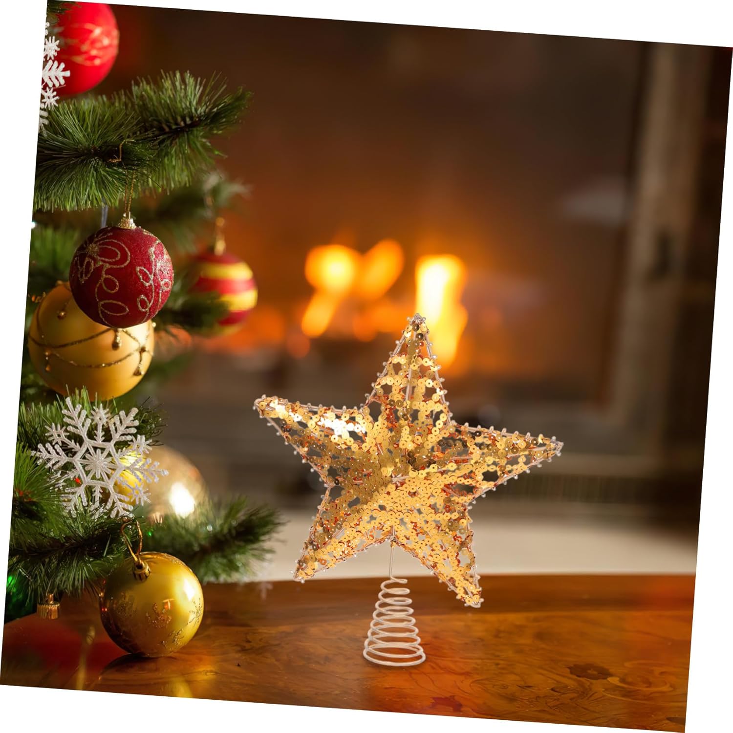 Rustic Glittery Iron Christmas Tree Star Topper with Stable Spring Base Metal Construction for