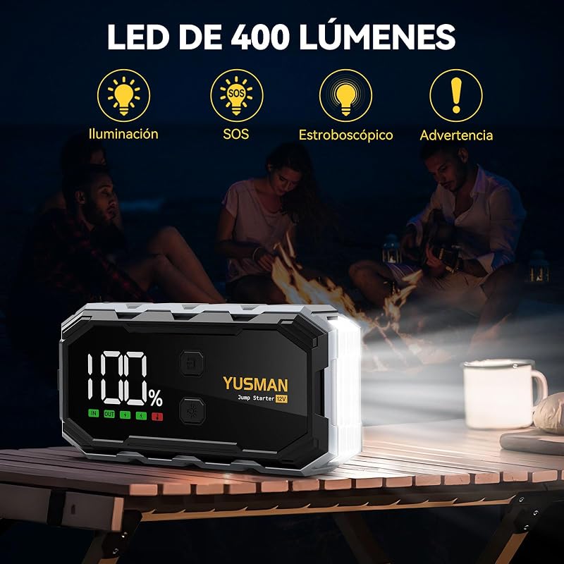 YUSMAN F02 indító power bank jump starter autóhoz, akkumulátortöltő bikakábel kapcsokkal és kijelzővel