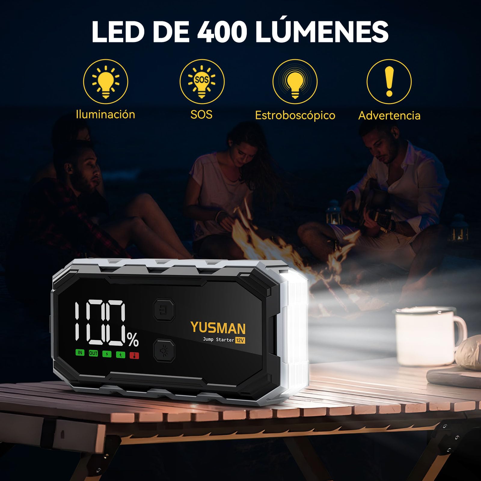 YUSMAN Arrancador de Coche,7000A Arrancador de Baterias de Coche,12V Arrancador de Portátil con para All Gasolina o 10L Diesel, Linterna LED de Emergencia,Carga Rápida, Pantalla LCD Extragrande