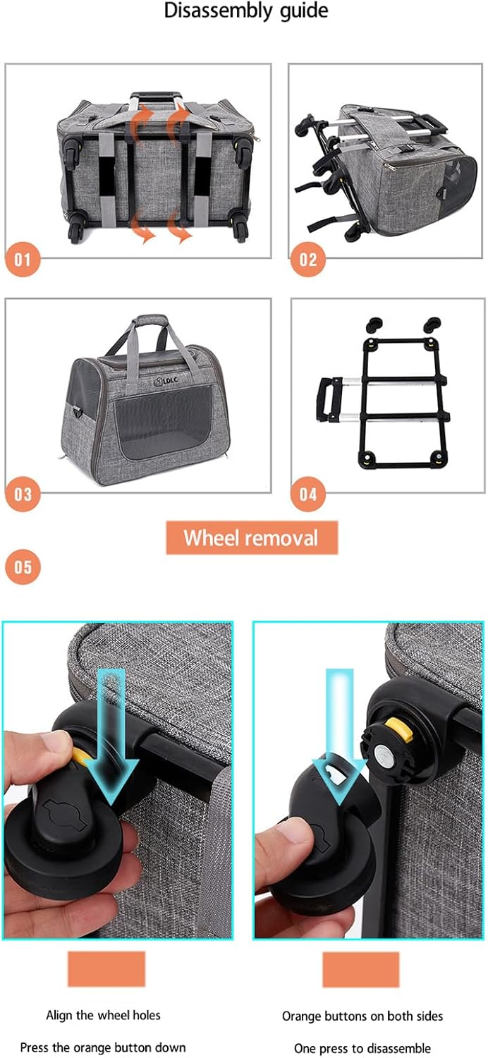 Cat Cage with Wheels, Pet Travel Carrying Box, with Telescopic Handle, Wheels and Cushion, Detachable and Foldable, Large Capacity, Breathable Mesh, Side Pockets, Gray Pink (Gray)