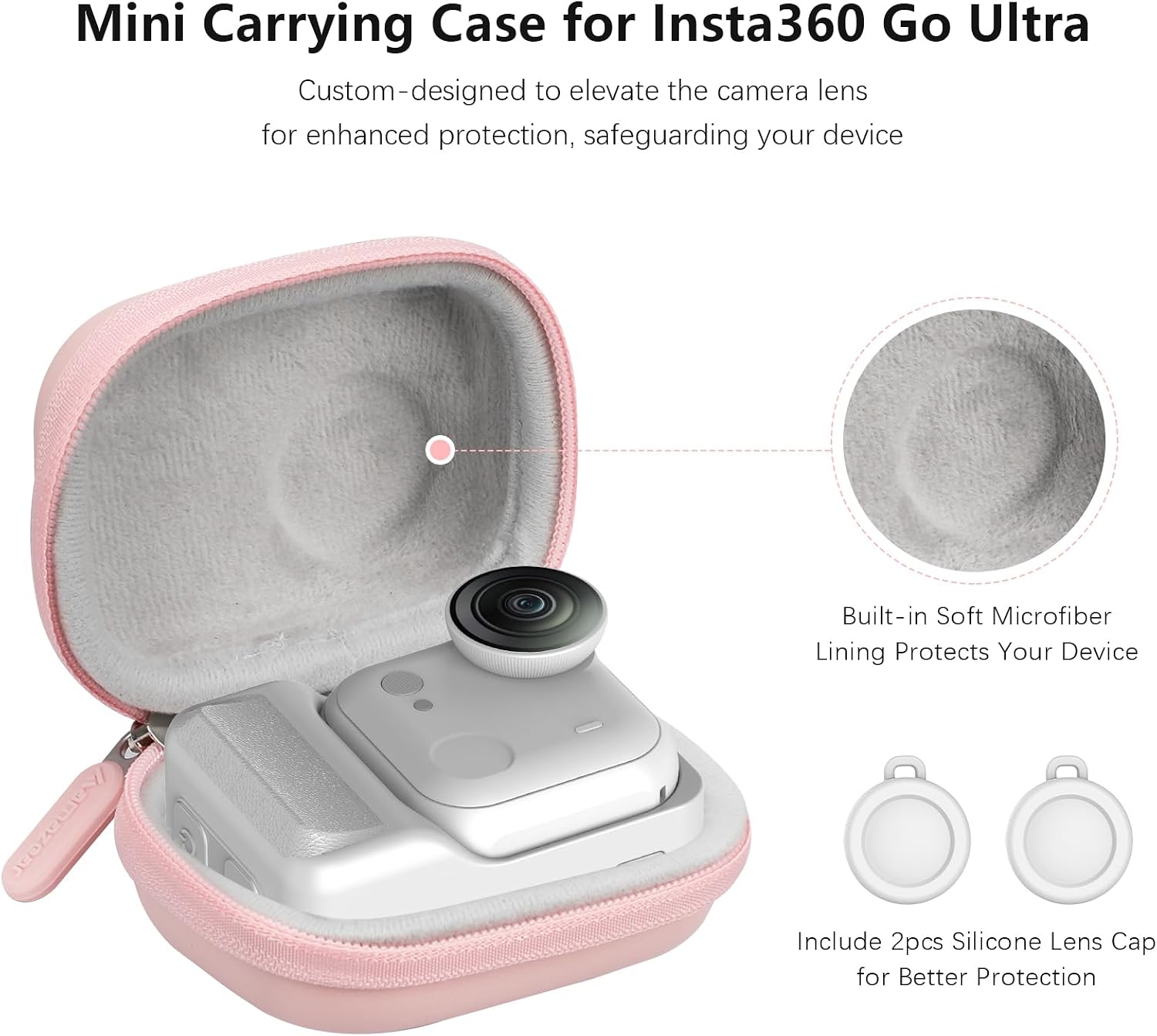 AMAZEAR Carry Case for Insta360 Go Ultra Accessories, Insta 360 Go-Ultra Portable and Compact Travel Bag Hard Leather Case with Soft Inner for Protection, Organization, and Storage, Pink