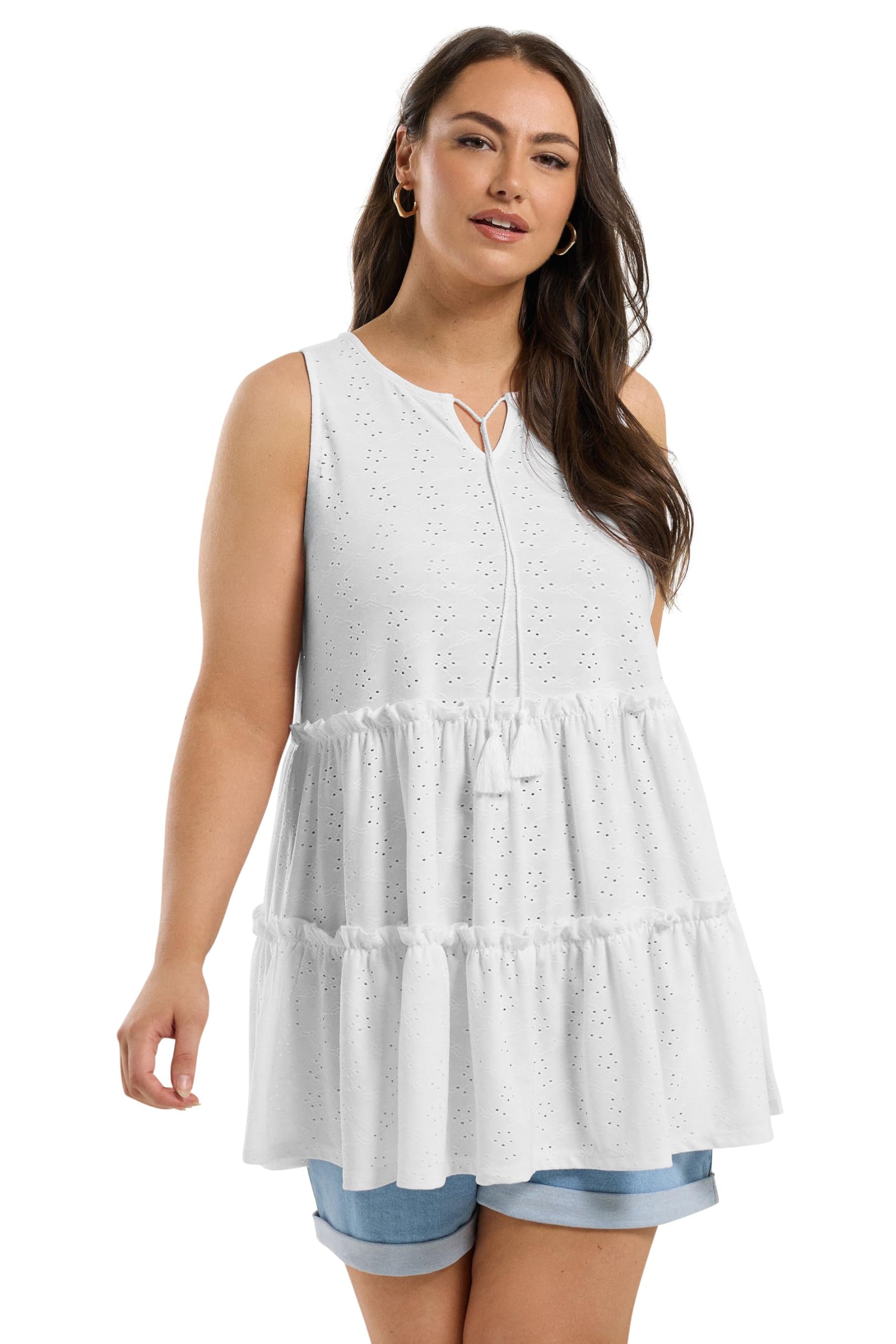 Yours Women's White Curve Broderie Anglaise Tiered Vest Top - Plus Curve 26-28 Plus