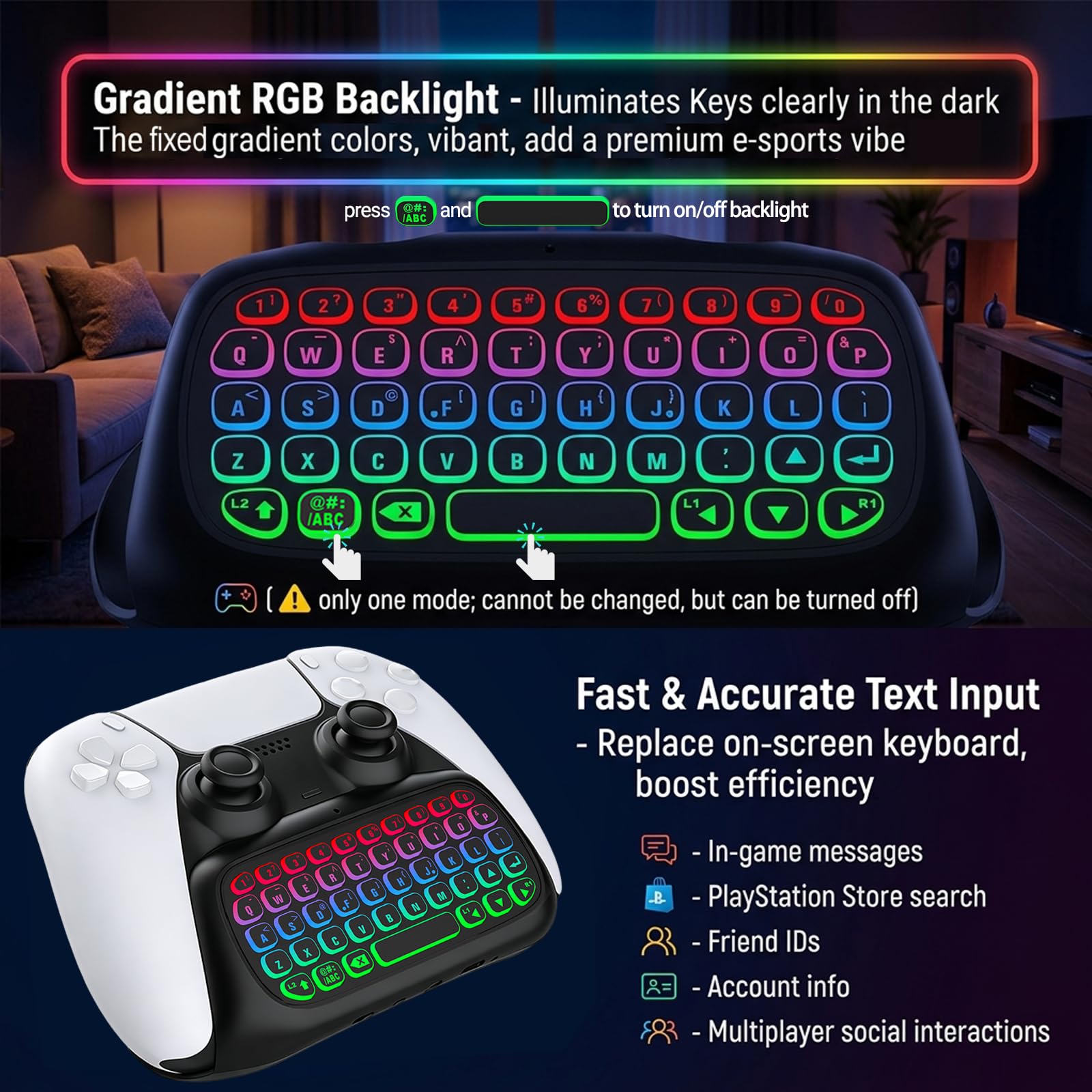 Megadream per PS5 Controller Keyboard, Bluetooth Chatpad 47 tasti tastiera per PS5 DualSense Controller DualSense Edge Controller, luce RGB, altoparlante integrato, jack audio da 3,5 mm, nero