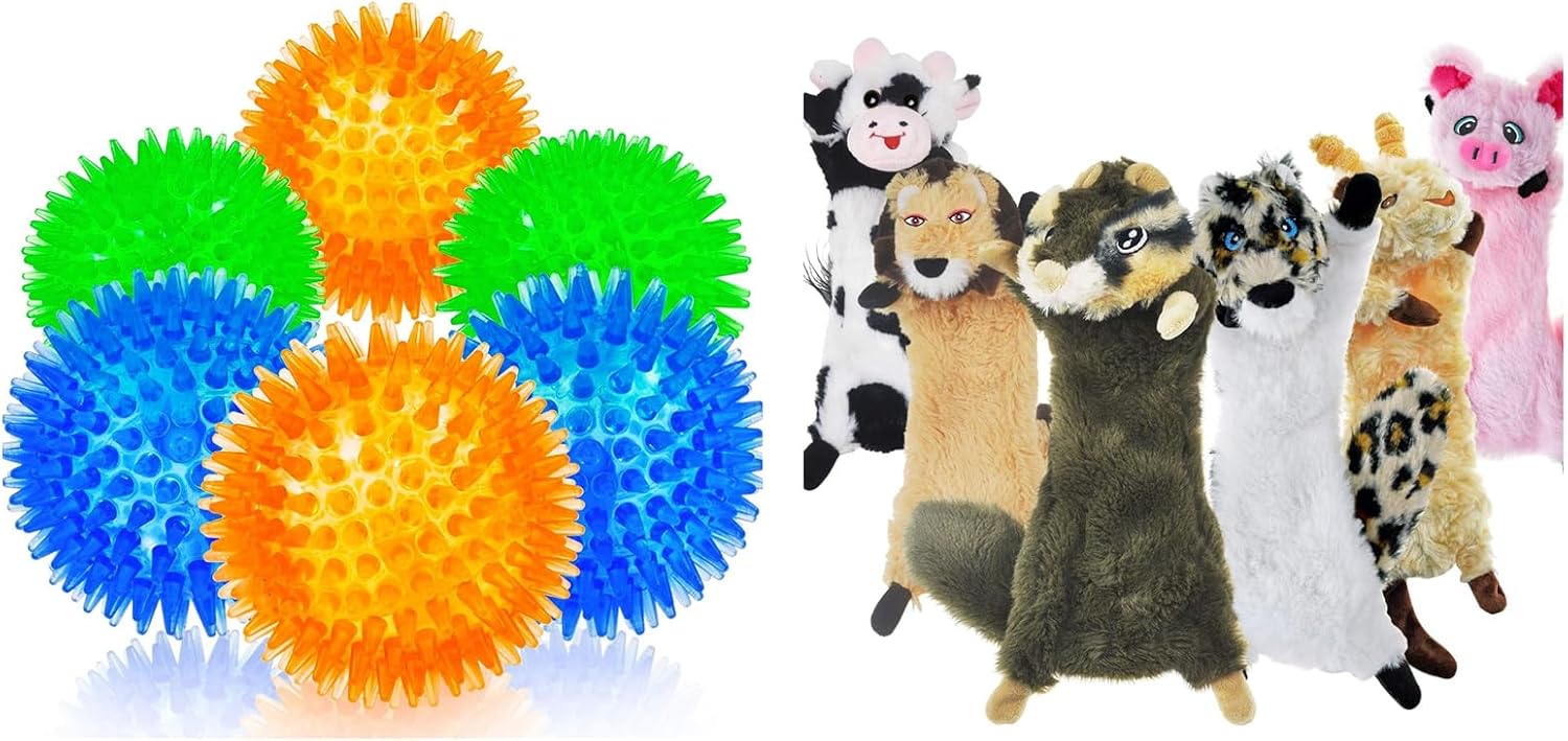 SHARLOVY Dog Squeaky Toys No Stuffing 6 Pack and Squeaky Balls, Fetch Balls for Dogs Rubber 6 Pack Bright Colors TPR