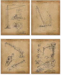 H+CO Inspired Crane Patent Wall Art Decor, Set of 4 Vintage Prints, Ideal for Home or Office, for Engineer, 8 x 10 Inch