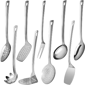 Stainless Steel Cooking Utensils Set 9 Piece, Metal Kitchen Utensil Set 13" | Premium Cooking Tools, Heat Resistant, Dishwasher Safe, Heavy Duty