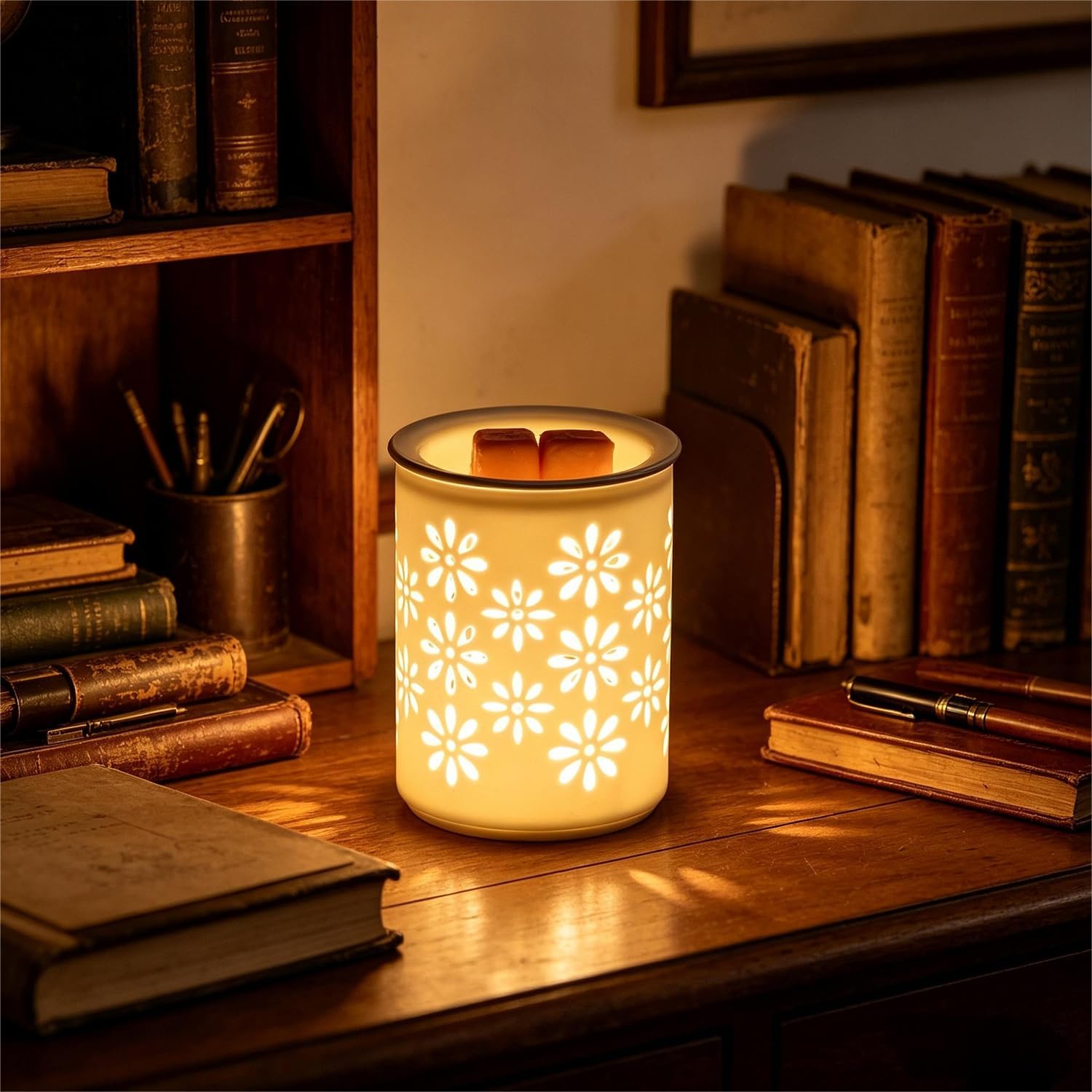 Dicimi Candle Warmer Lamp with Timer, 2-in-1 Wax Melt Warmer and Night Light, Petal Hollow-Out Ceramic Design, Flameless Scented Wax Warmer for Home Office, Gift for Women