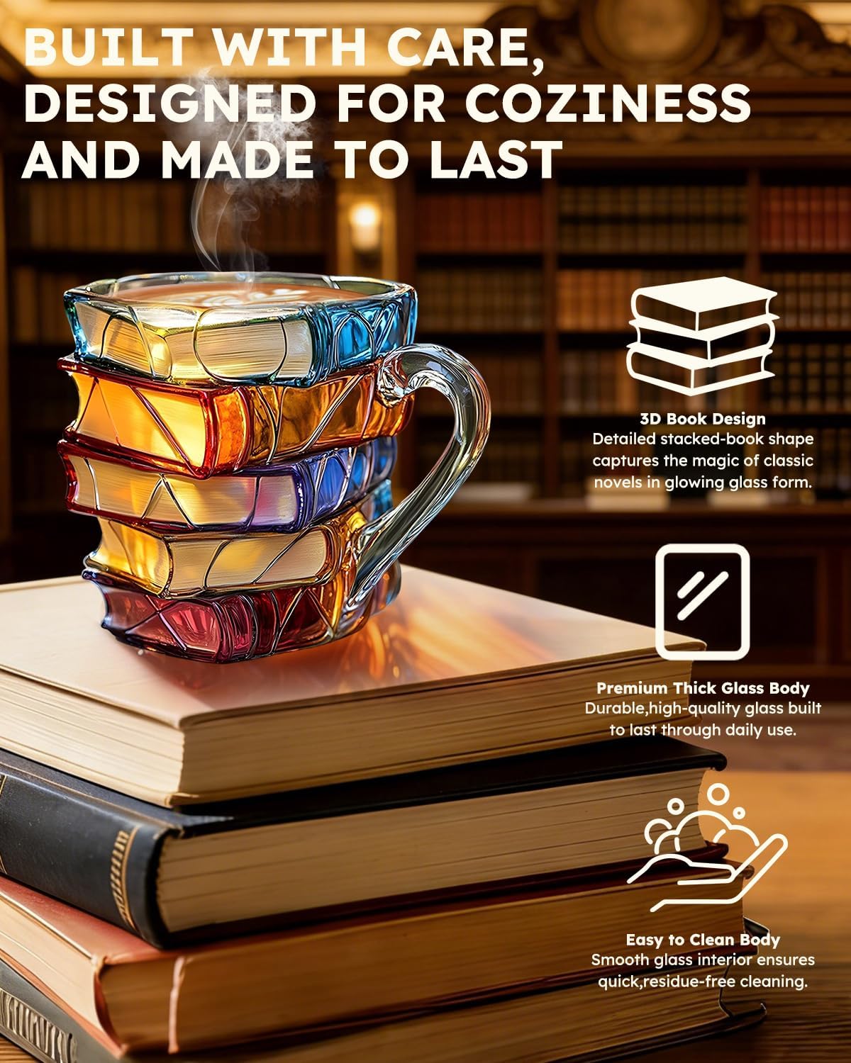 2PCS Chapter Book Mug Glass 3D Book Mugs Birthday Gift For Women Stained Glass Cups with Stack Design Artistic Reading Coffee Cup Unique Literary Friendship Gifts for Women Friends & Readers