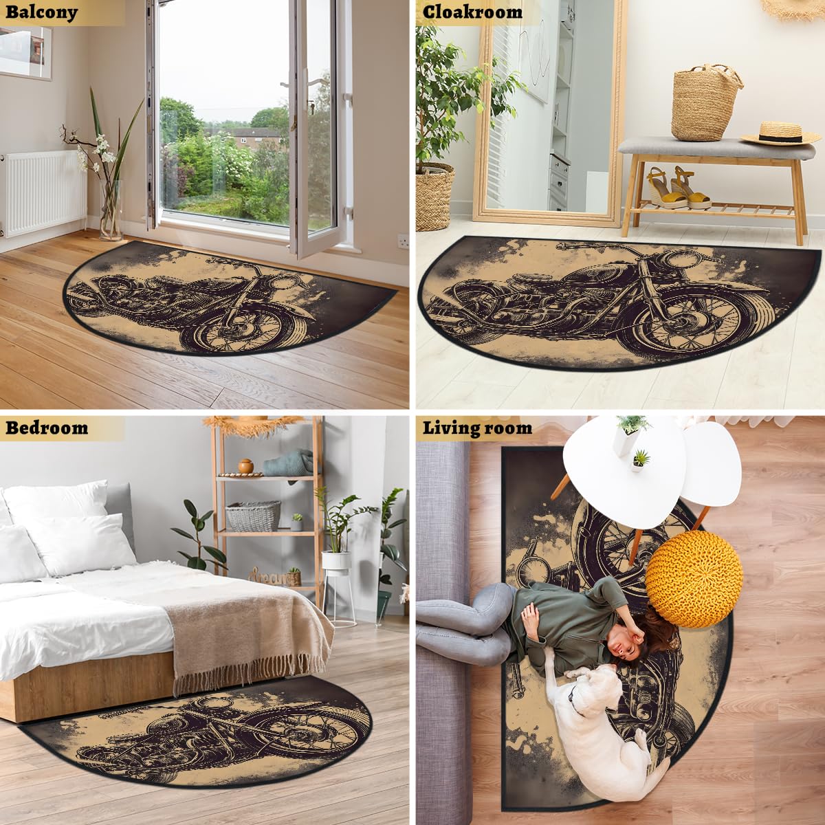 Mexpekil Paillasson de moto rétro en demi-lune pour intérieur et extérieur - Lavable - Absorbant la saleté - 100 x 160 cm