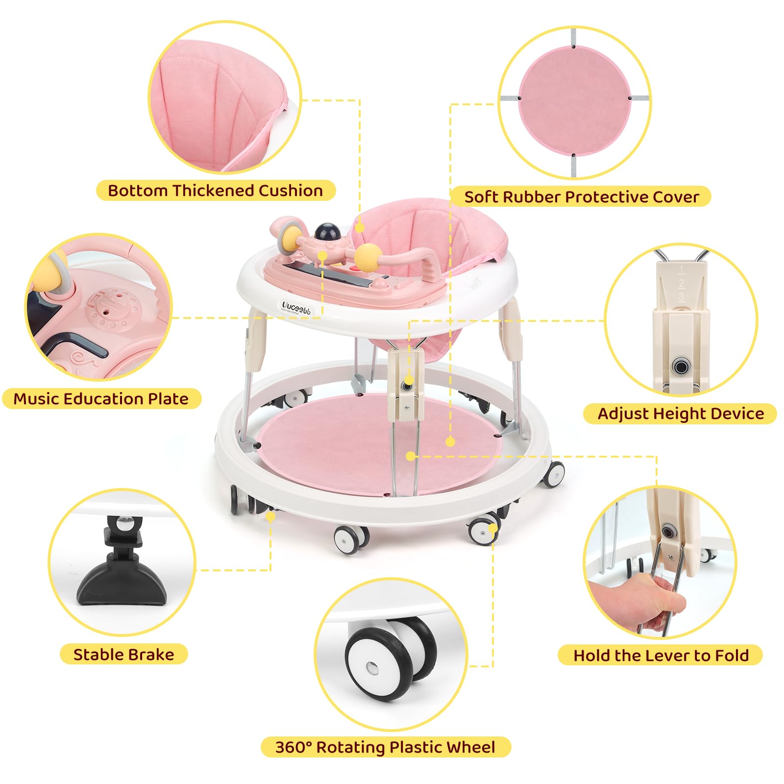 Baby Lauflernhilfe mit Musik und Lichtern, Faltbare Lauflernwagen mit Aktivitätscenter, 7-Gang Höhenverstellung, Anti-Collision Design, Abnehmbarer Platte, Baby Walker von 6-18 Monaten (Rosa-Musik)
