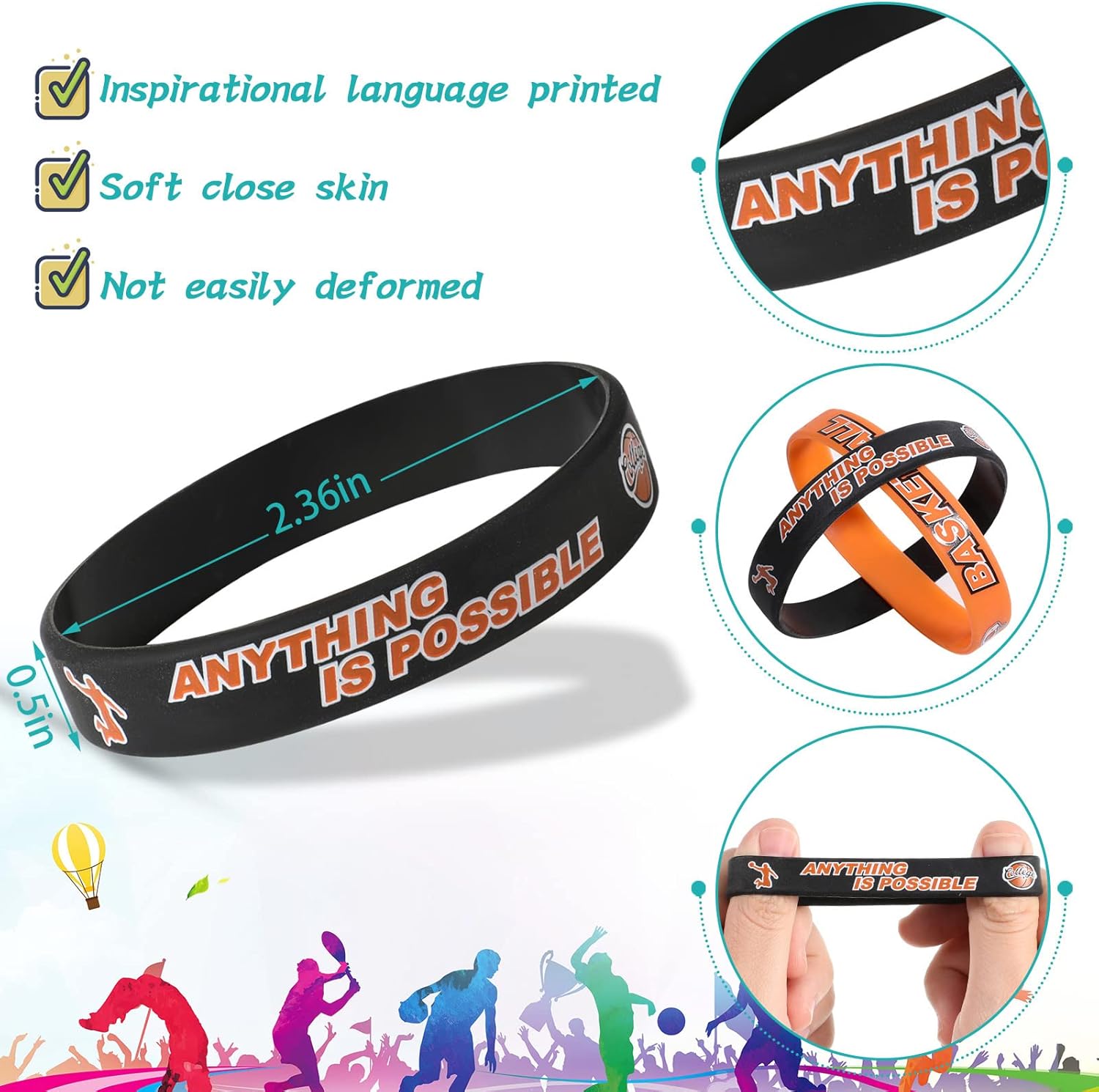 Aoriher Basketball Bracelet Bulk Basketball Party Favor Motivational Silicone Wristband Inspirational Rubber Bracelet Party Gifts for Kids Teenagers Ball Club Societies Team