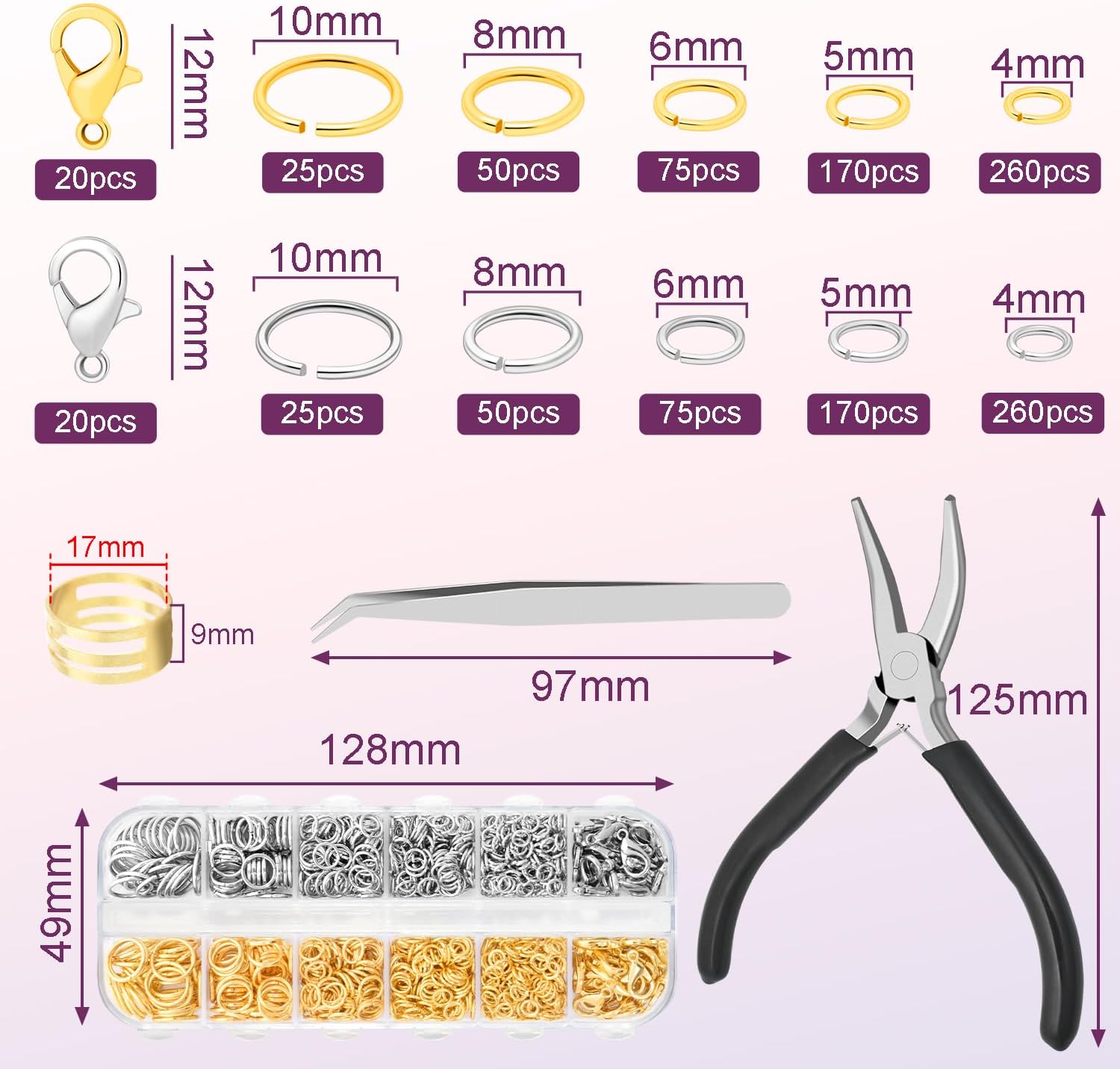 1200pcs Jump Rings for Jewelry Making Supplies, Necklace Repair Kit with Pliers and Jump Ring Opener, 12mm Lobster Clasp 5 Size Jump Ring for Jewelry Clasps and Closures (Silver and Gold)