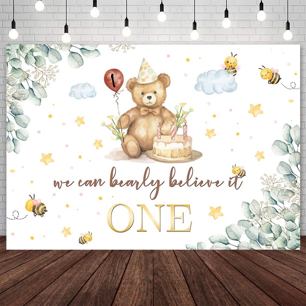 AIBIIN 7x5ft Bear 1st Birthday Backdrop We Can Bearly Believe It One Photography Background Bear Bee First Birthday Party Party Decorations Banner