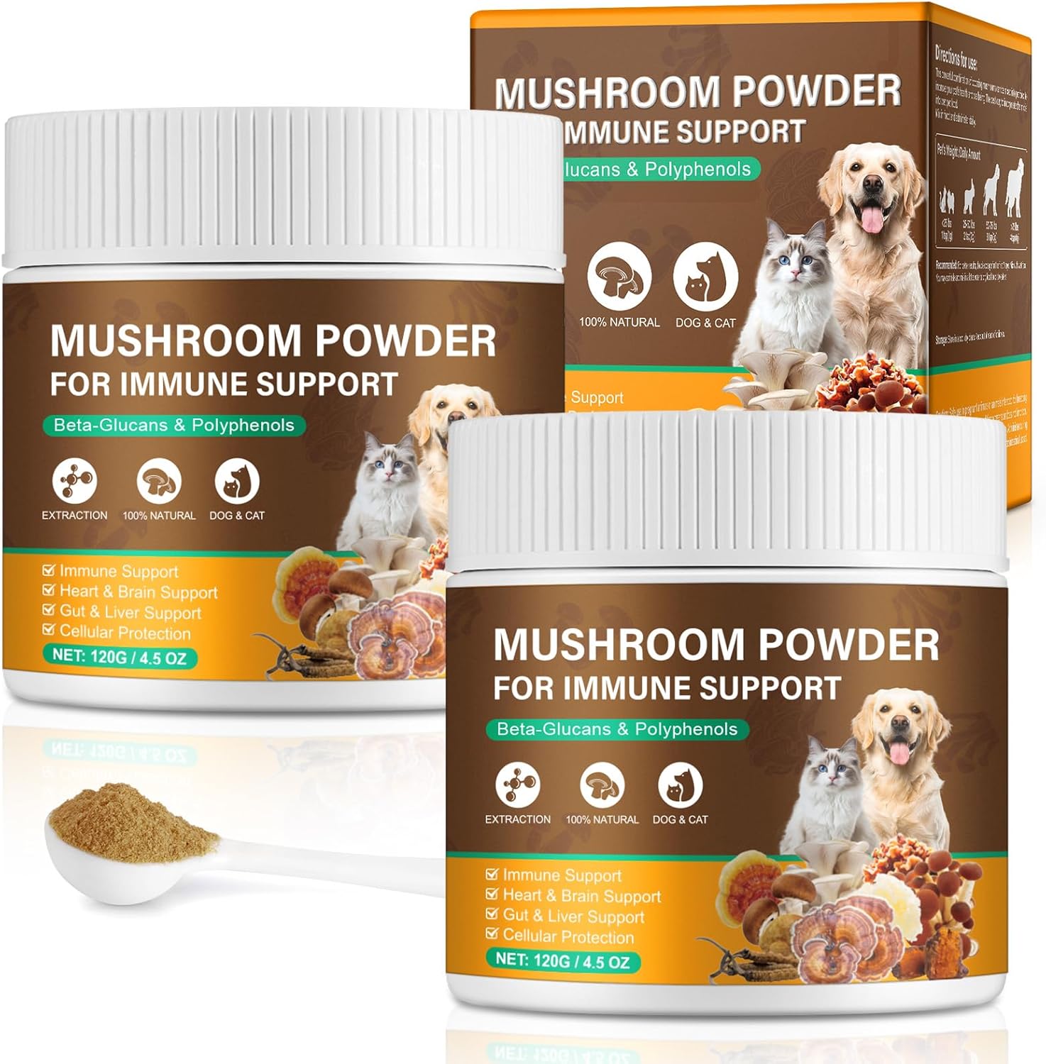 Mushroom Supplement Powder for Dogs & Cats, 2 Pack Turkey Tail Mushroom for Dog, Enriched with Antioxidants, Immune Support, Cellular Protection, Joint & Skin Support, Mushrooms Complex for Pets
