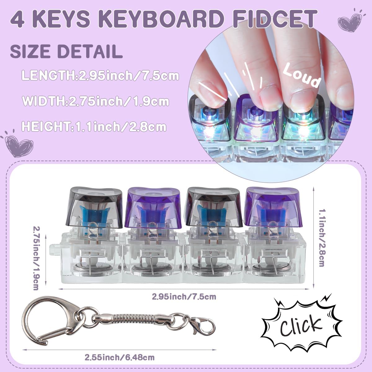 2 Pcs Keyboard Fidget Toy, Keyboard Clicker Fidget Light Up, Loud Decompression Button Finger Clicker Toys, Keychain 4-in-1 with Heart Keycaps, for Adult to Relief Stress