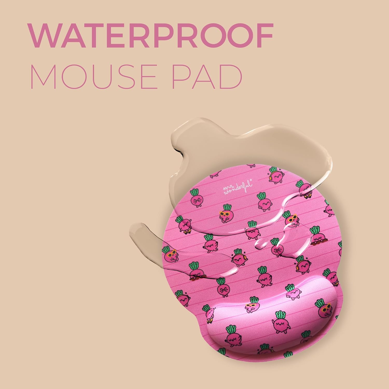 WONDEE Mr Wonderful Gel Mouse Mat with Wrist Rest, Beetroot Design, Ergonomic Mouse Mat with Hand Rest, The Power of Joy, Gifts for Girls and Women