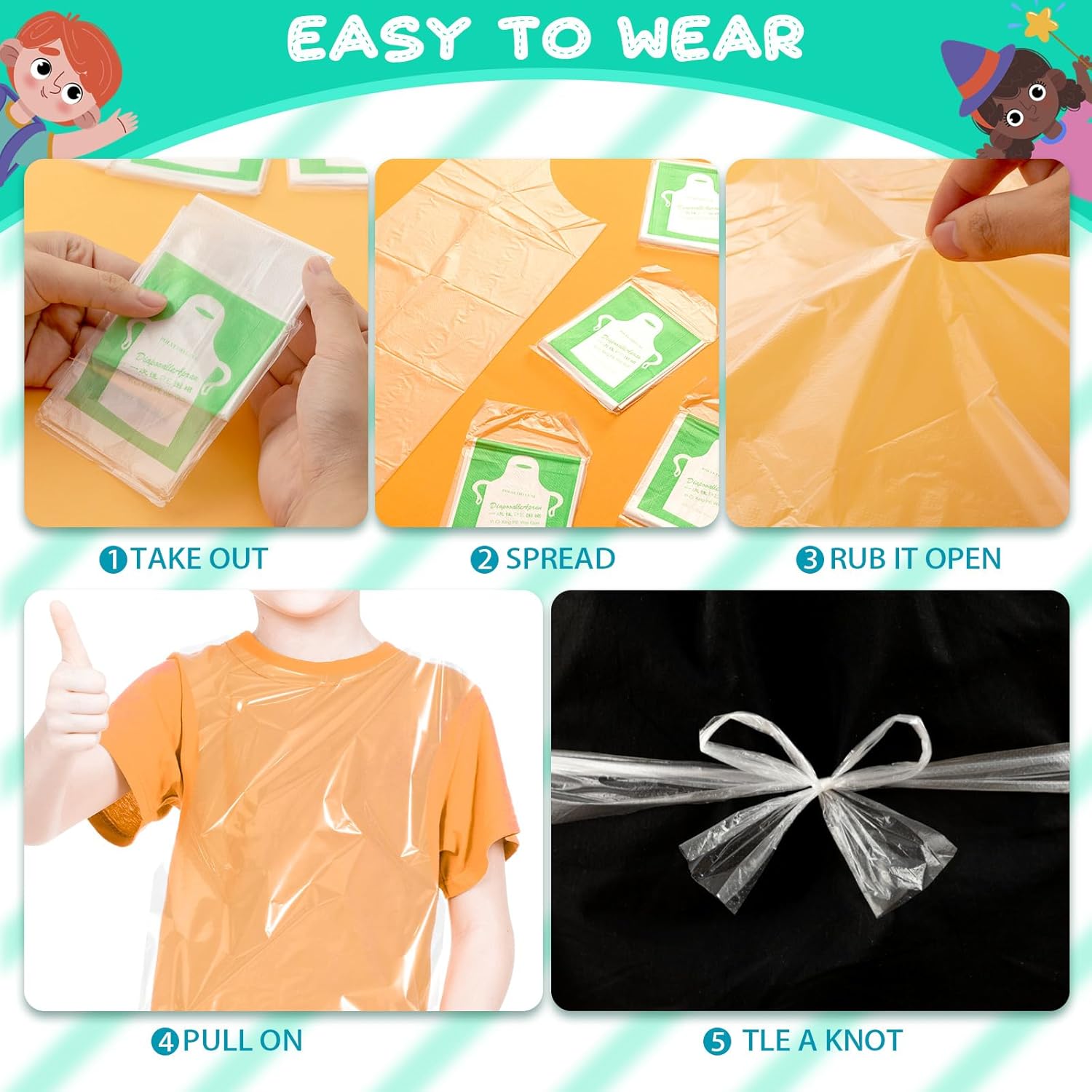 Disposable Aprons for Kids - Clear Plastic Aprons Kids Art Disposable Waterproof Smocks for Painting, Cooking 4-12