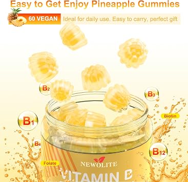 Vitamin B Complex Gummies for Adult Kid-Pineapple Flavor-Chewable Supplement with 8 Essential B Vitamins (B1, B2, B3, B5, B6, B7, B9, B12) Non GMO,Vegan 60 Count