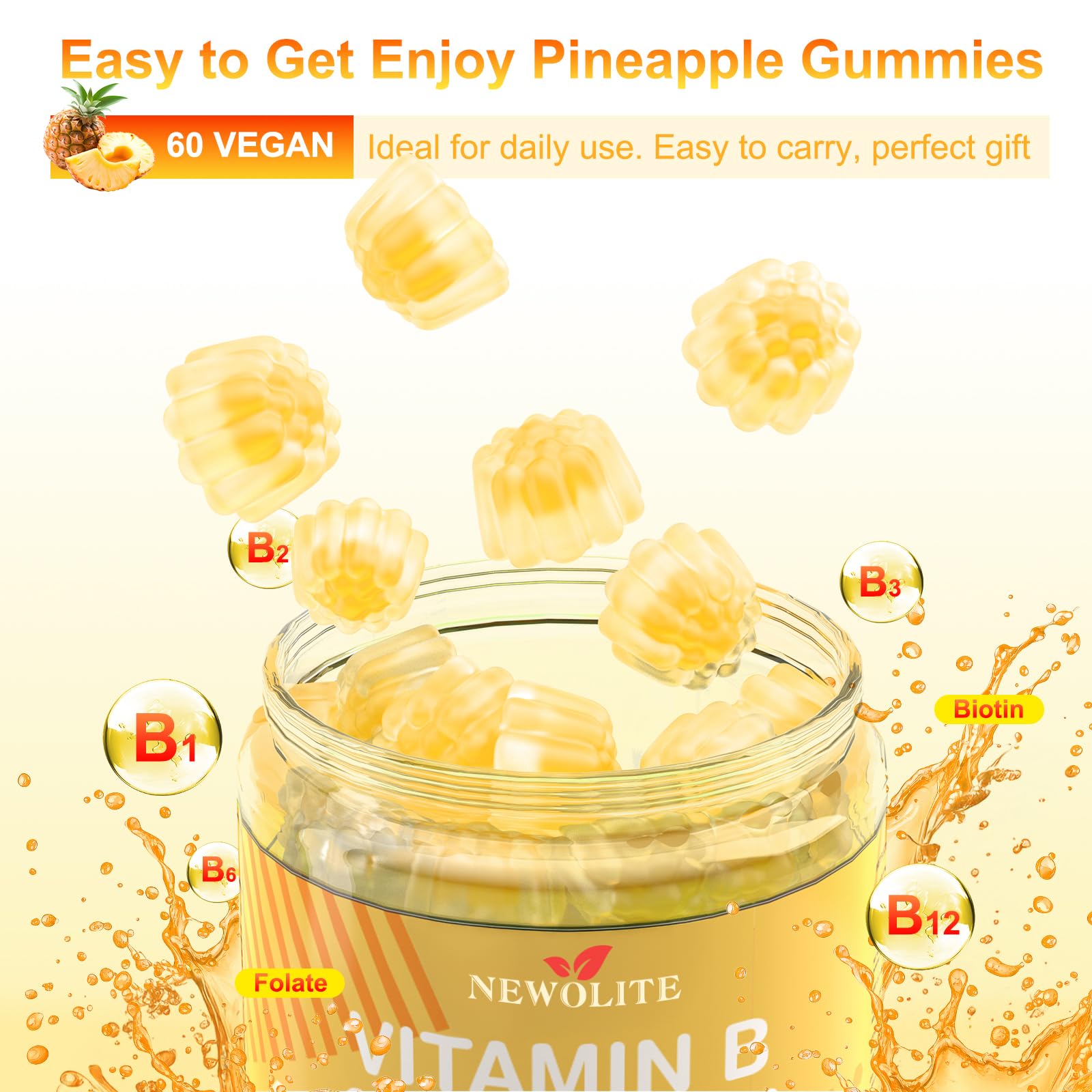 Vitamin B Complex Gummies for Adult Kid-Pineapple Flavor-Chewable Supplement with 8 Essential B Vitamins (B1, B2, B3, B5, B6, B7, B9, B12) Non GMO,Vegan 60 Count — Amazon image 6