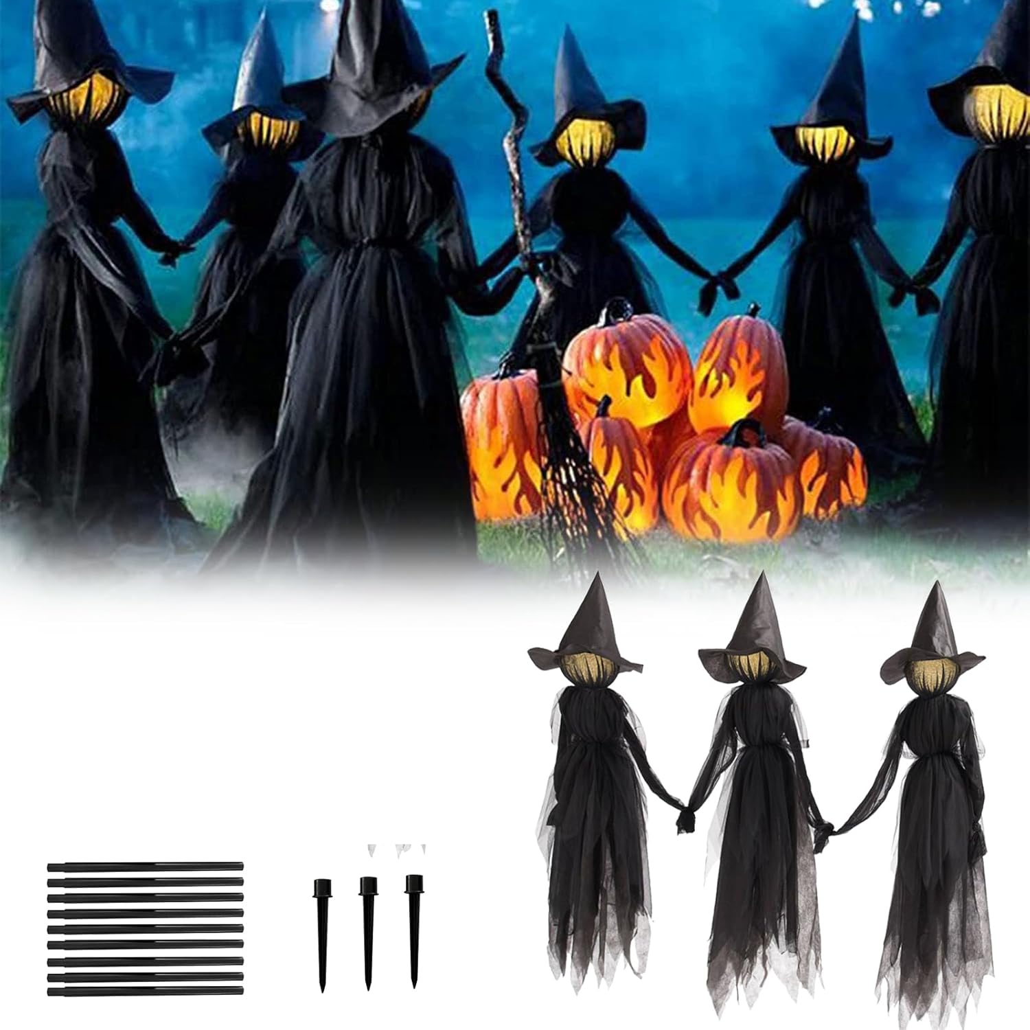 3PCS Light Up Holding Hands Witches Halloween Decoration, Life Size Scary Witch Trio Halloween Props, Outdoor LED Witch Garden Statue, Glowing Witches Stakes Yard Decoration for Haunted House (Black)
