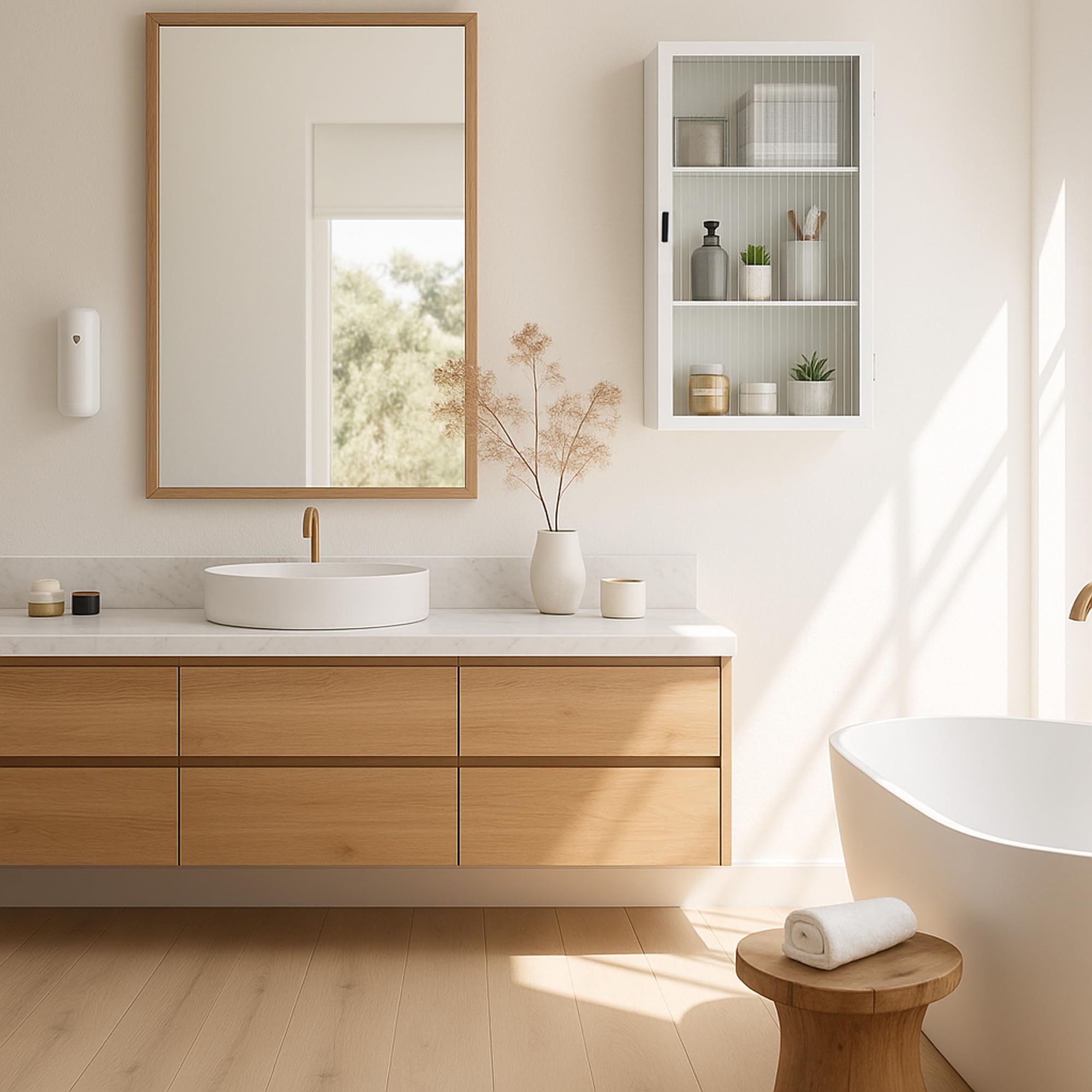 [en.casa] Hängeschrank Zundert Badezimmerschrank 60 x 35 x 15 cm mit geriffelter Glastür Medizinschrank Wandschrank für Wohnzimmer Bad Küche Stahl Weiß