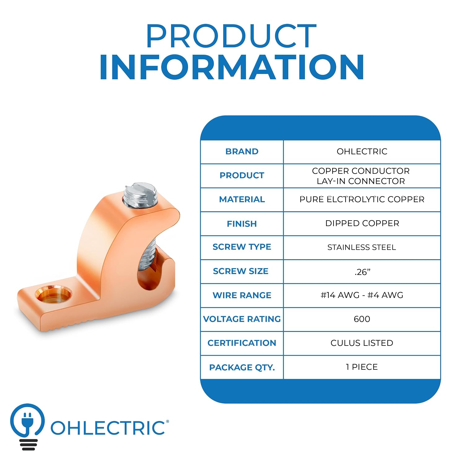 OHLECTRIC Lay-in Grounding Connectors (1-Pack) DB Direct Burial Pool Bonding Lugs, Copper Conductor Ground Wire Lugs for 4-14 AWG Wire Range, Conduits, Swimming Pools, Outdoor Electrical Grounding