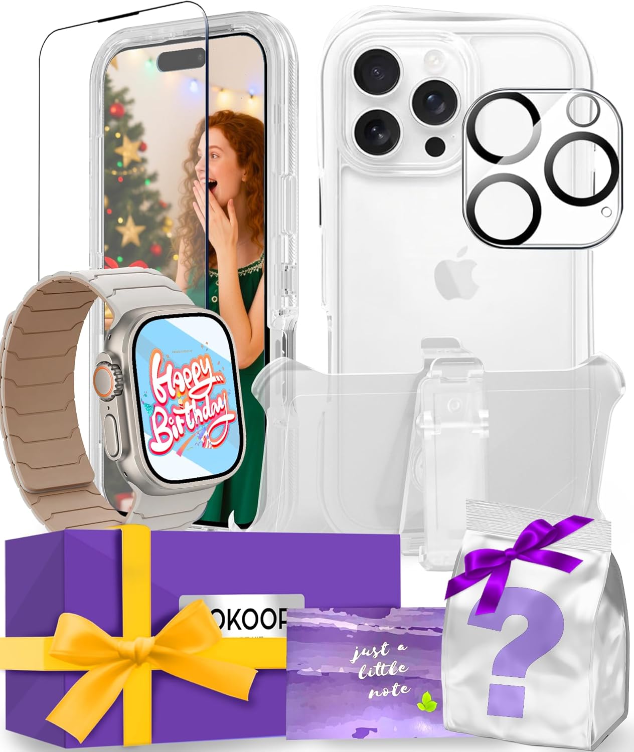 for iPhone 16 Pro Max Case & Apple Watch Band Gift Box for Women and Men, with Tempered Glass Screen Protector & Camera Protectors, Birthday Gift for Women and Men.