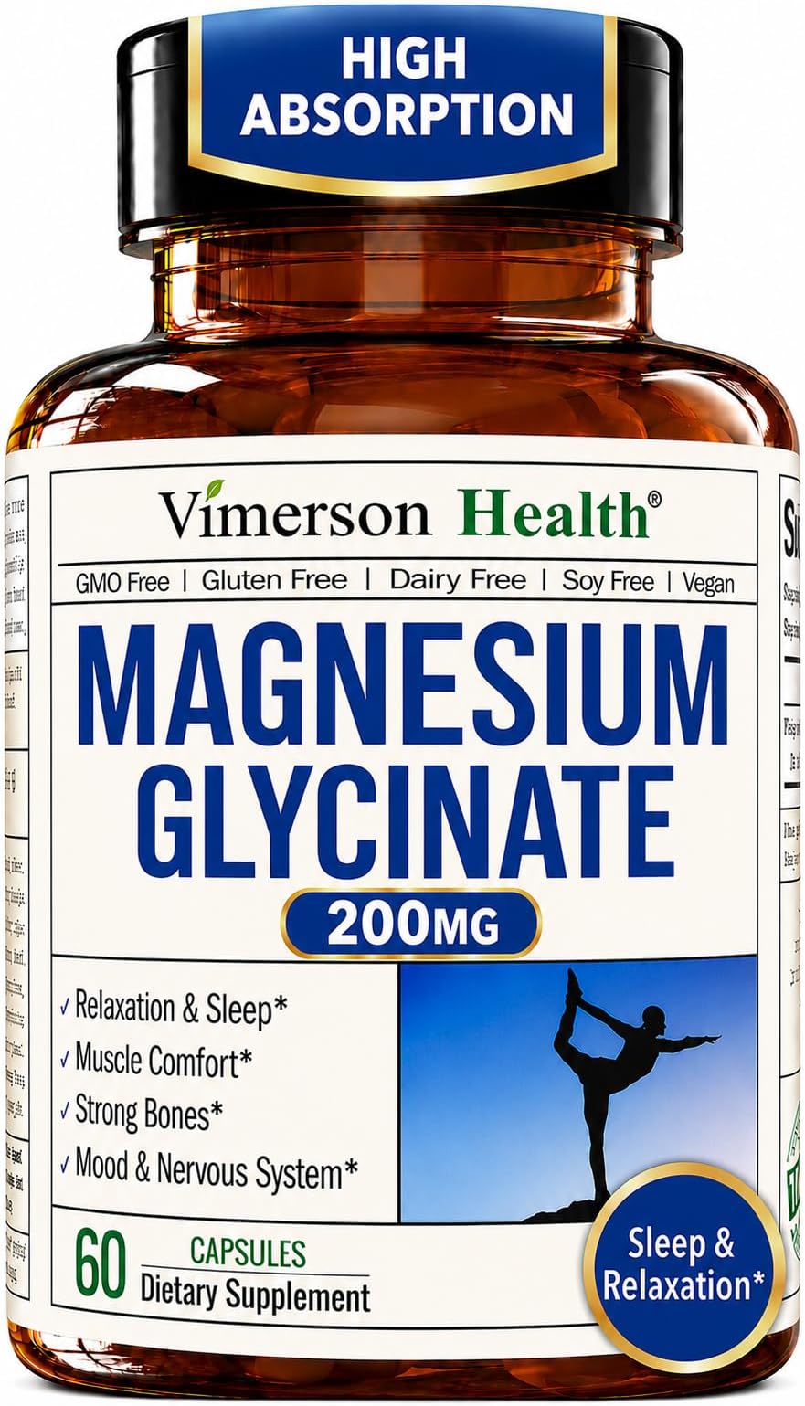 Vimerson Health Magnesium Glycinate 200mg for Sleep, Relaxation & Muscle Support โ Chelated, Bioavailable, Vegan and Gentle on Stomach โ 60 Capsules