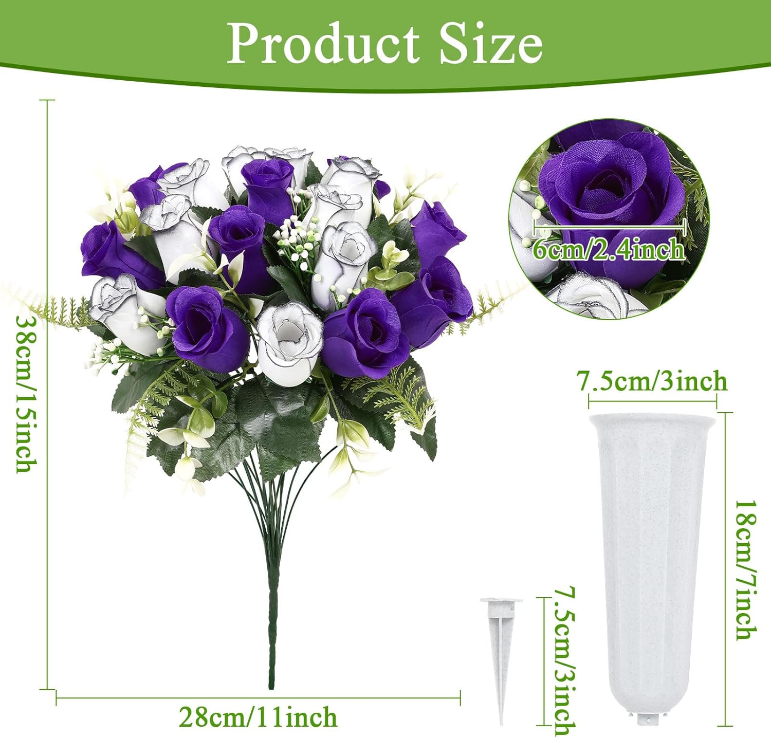 U'Artlines 2Pcs Artificial Cemetery Flowers with Vase for Grave Silk Memorial Rose Flowers Outdoor Grave Flowers for Grave Vase Cemetery Flower Arrangements, Purple& White